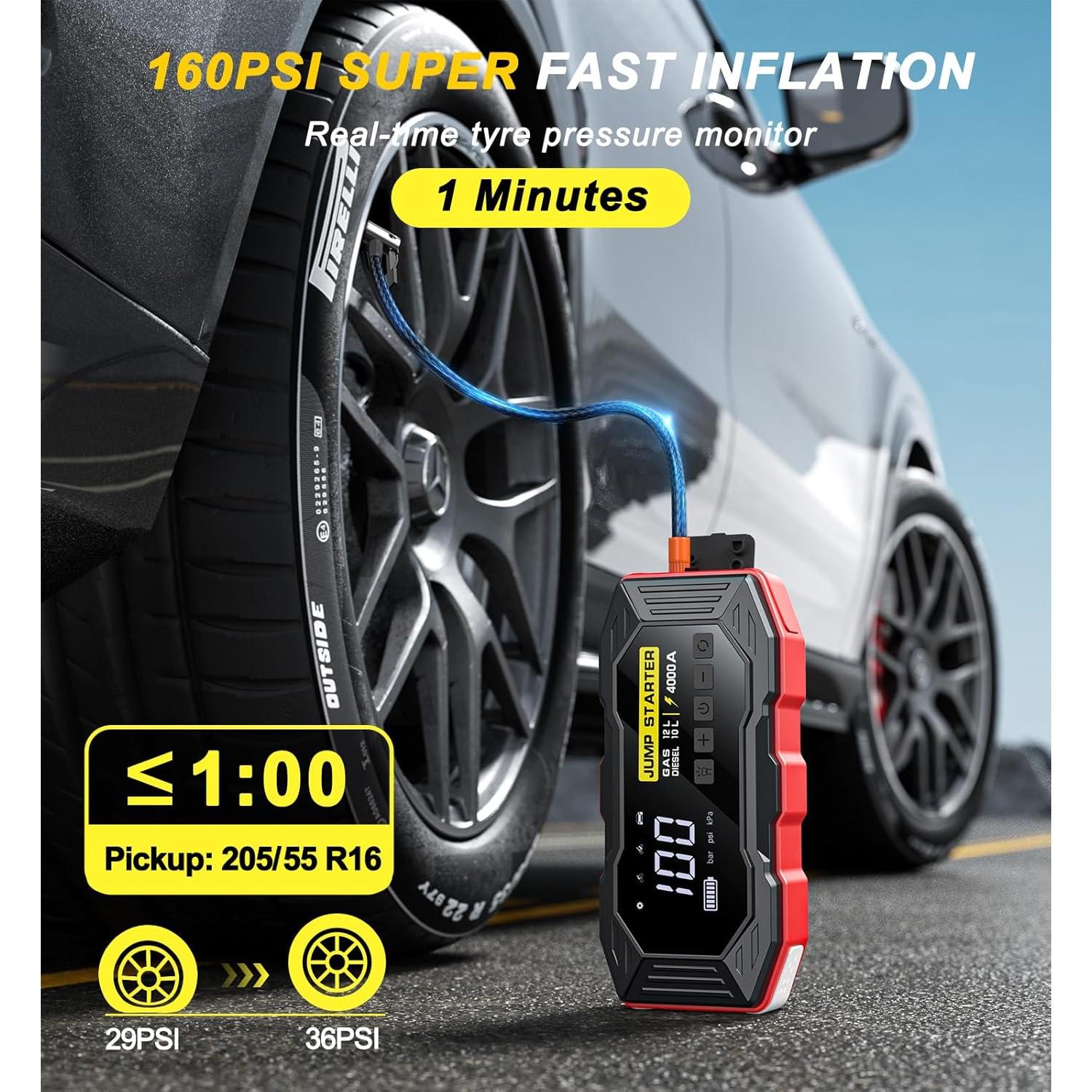 Jump Starter with Air Compressor, Portable Car Battery Jump Starter(12 Gas/10L Diesel), 4000A Peak 160PSI 12V Automobile Jump Box Pack Chargers with Jumper Cables, 4-Mode LED Lights, LCD Display