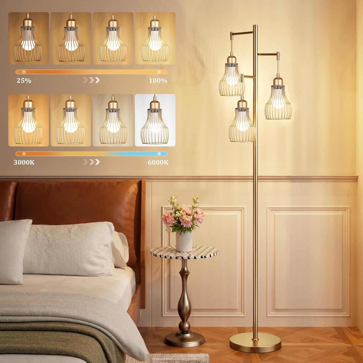 Lámpara de Pie Dorada Regulable Ziisee con Control Remoto 3 Bombillas
