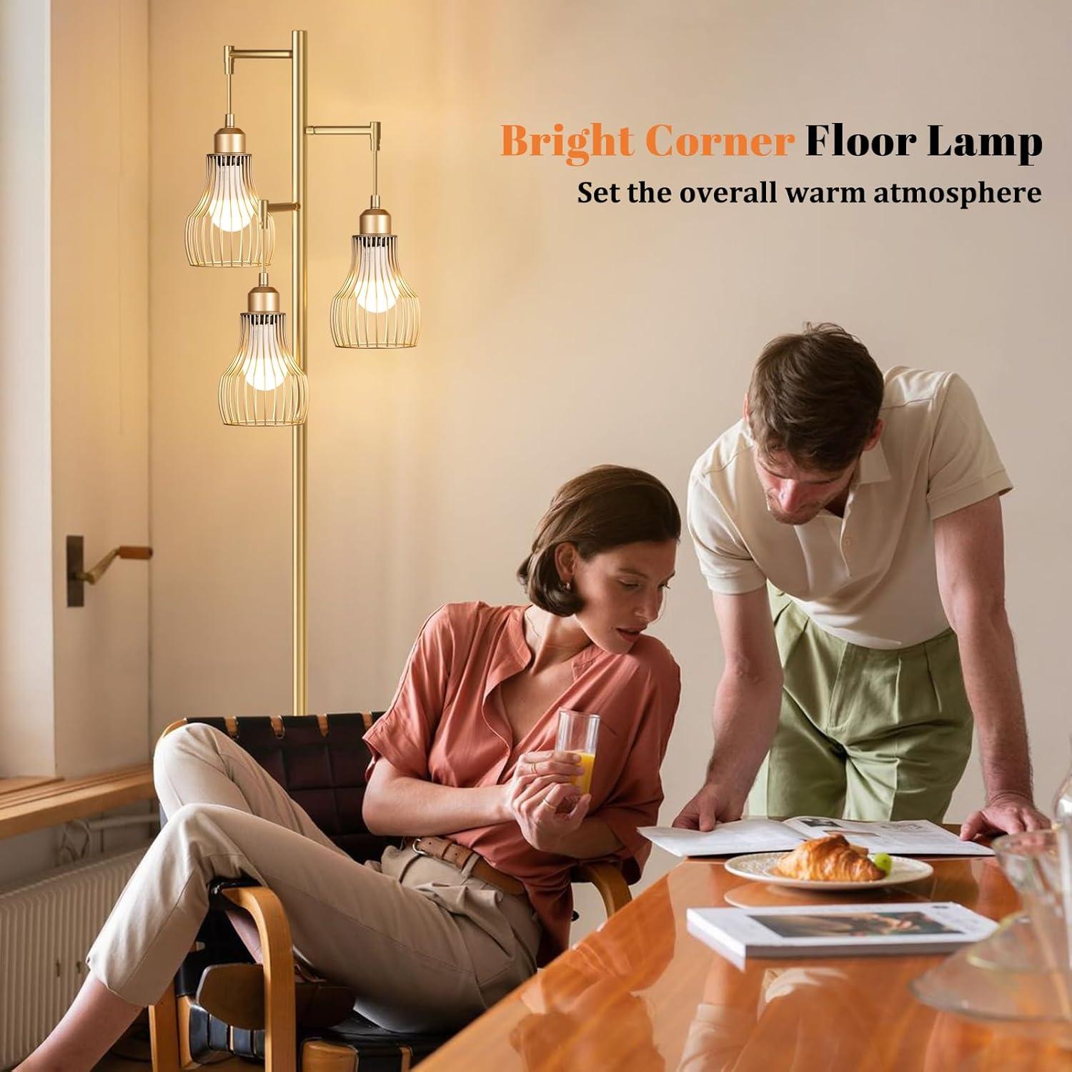 Lámpara de Pie Dorada Regulable Ziisee con Control Remoto 3 Bombillas