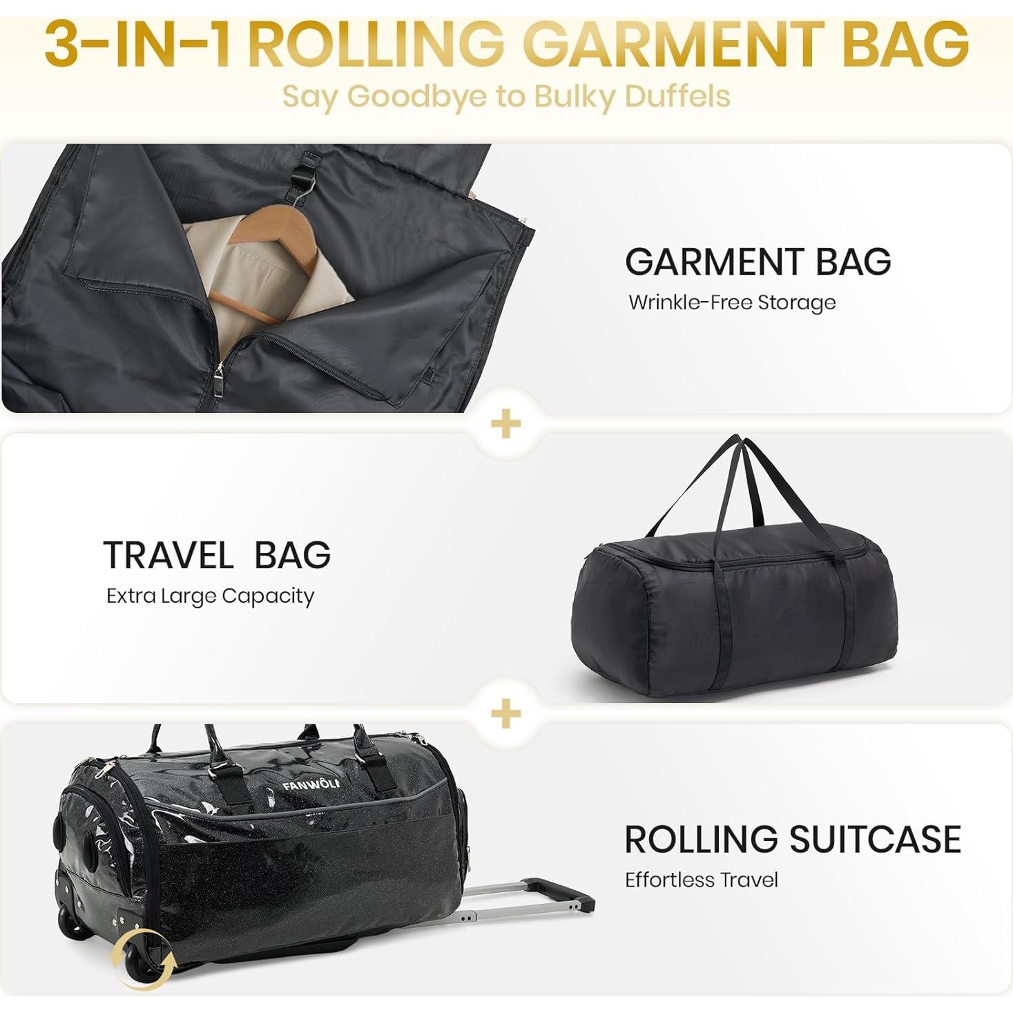 Bolsa de Prendas Rodante 3-en-1 Fanwoli Negro 53x35x23cm