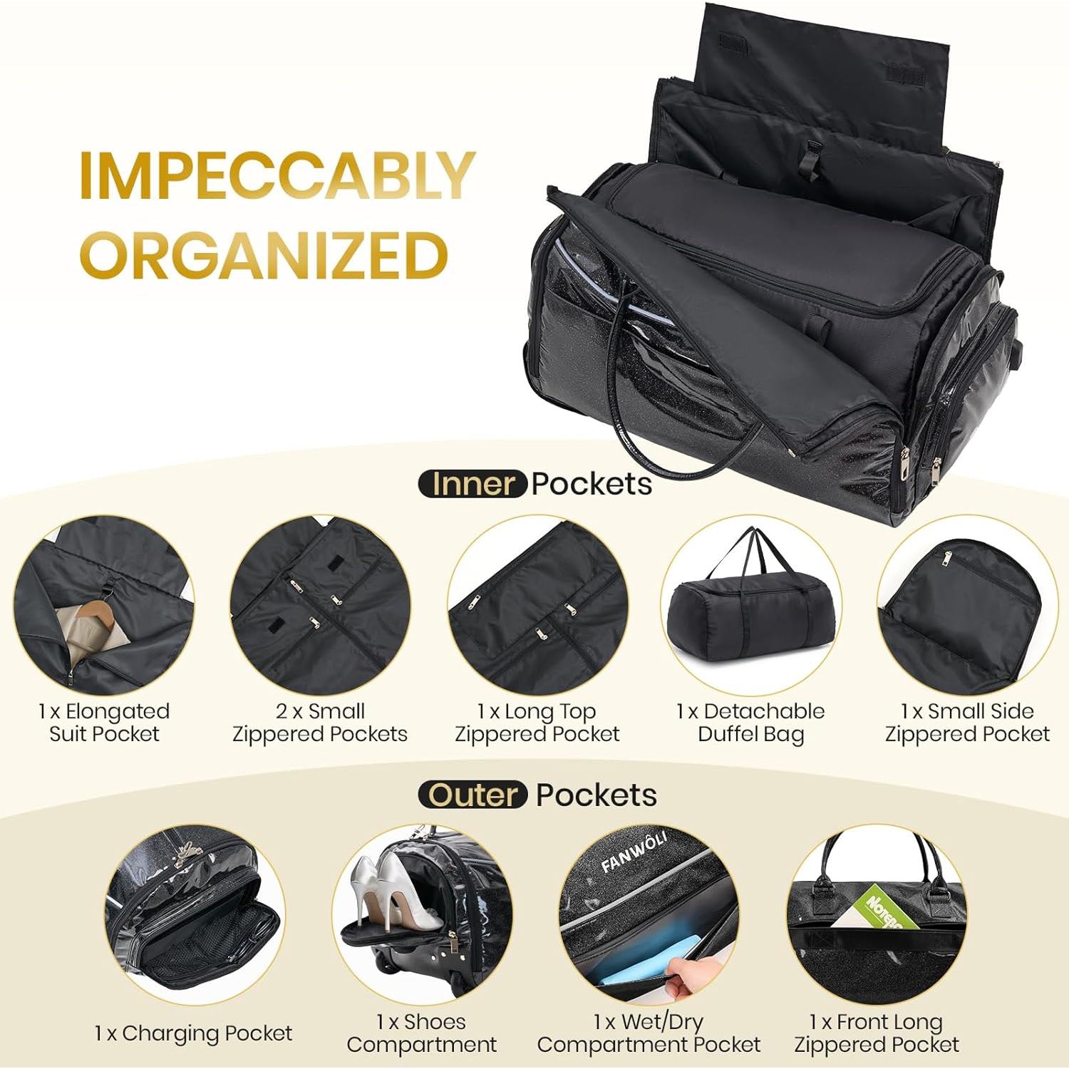 Bolsa de Prendas Rodante 3-en-1 Fanwoli Negro 53x35x23cm