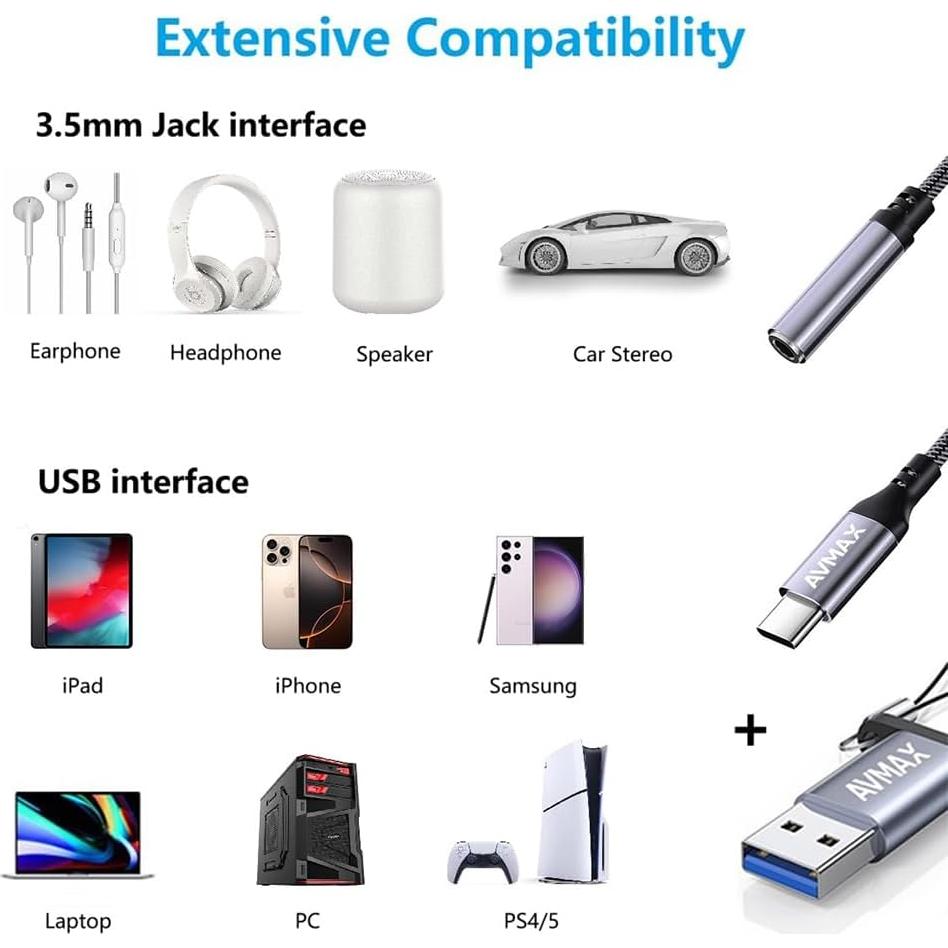Adaptador de Auriculares AVMAX USB C a 3.5mm Gris - Compatible con iPhone y Galaxy