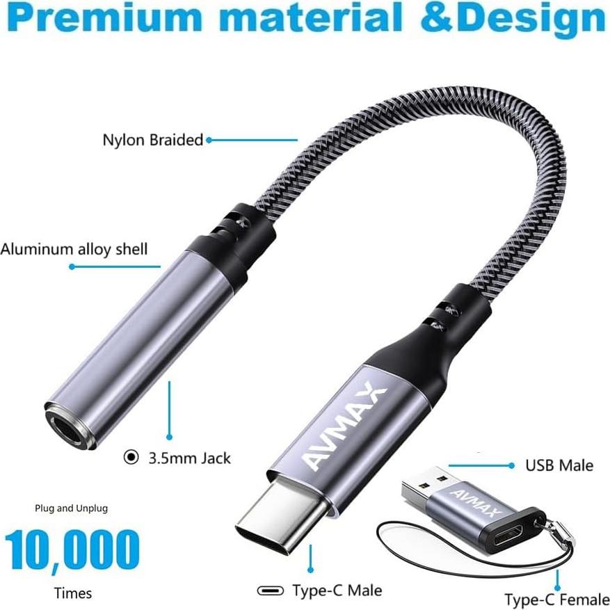 Adaptador de Auriculares AVMAX USB C a 3.5mm Gris - Compatible con iPhone y Galaxy