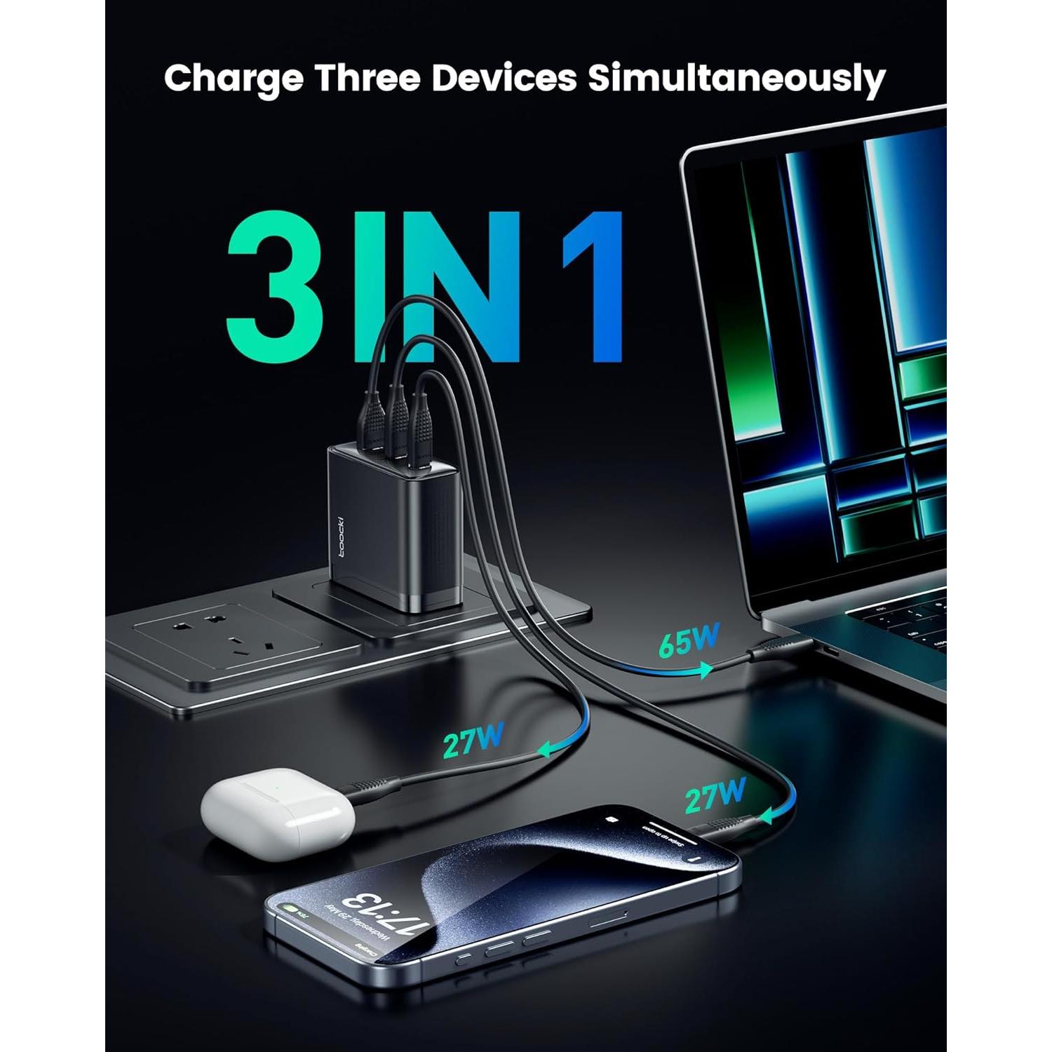 Cargador USB C 100W TOOCKI 3 Puertos Rápido PD3.0 QC3.0