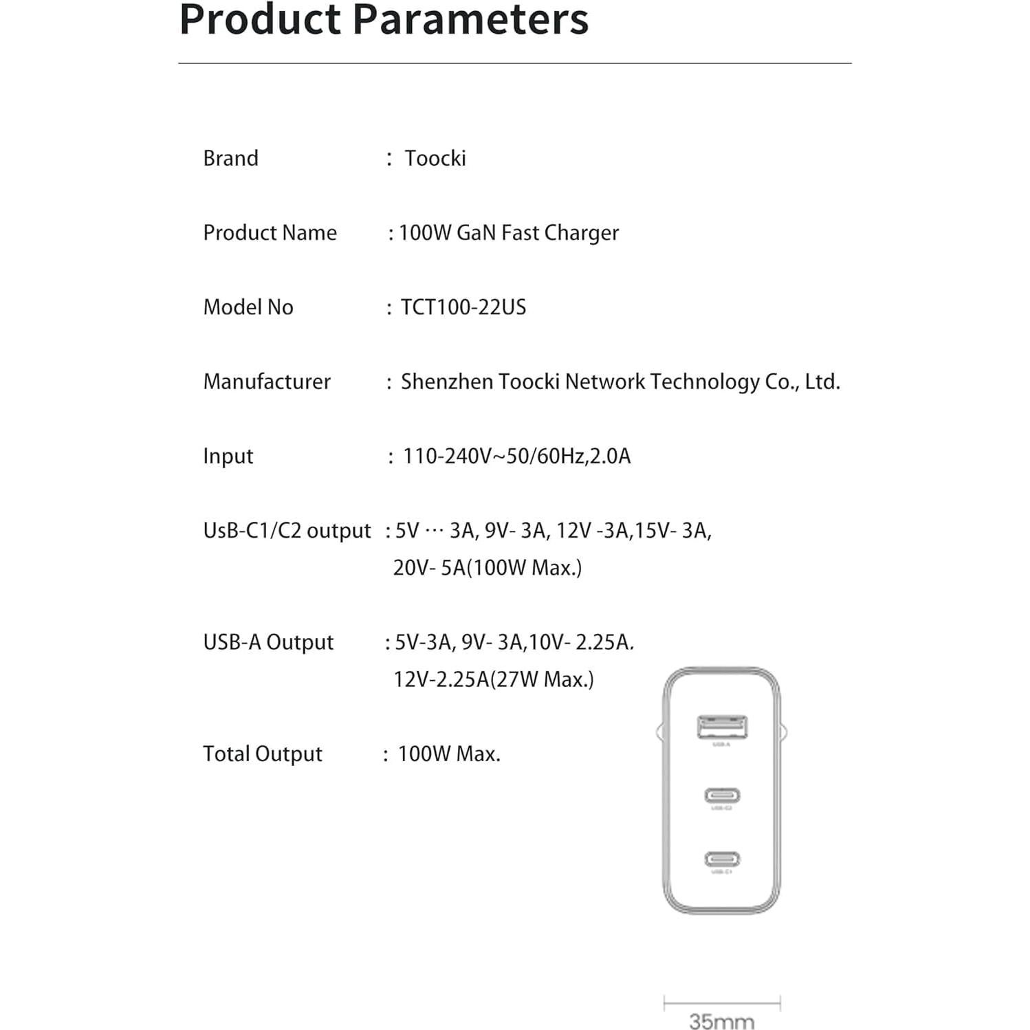 Cargador USB C 100W TOOCKI 3 Puertos Rápido PD3.0 QC3.0