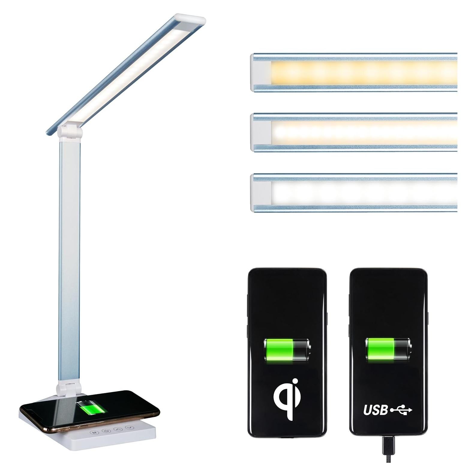 Lámpara de Escritorio LED OttLite CSDQA80W-SHPR con Cargador Inalámbrico y USB, Azul