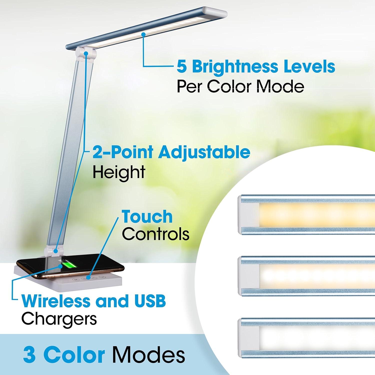 Lámpara de Escritorio LED OttLite CSDQA80W-SHPR con Cargador Inalámbrico y USB, Azul