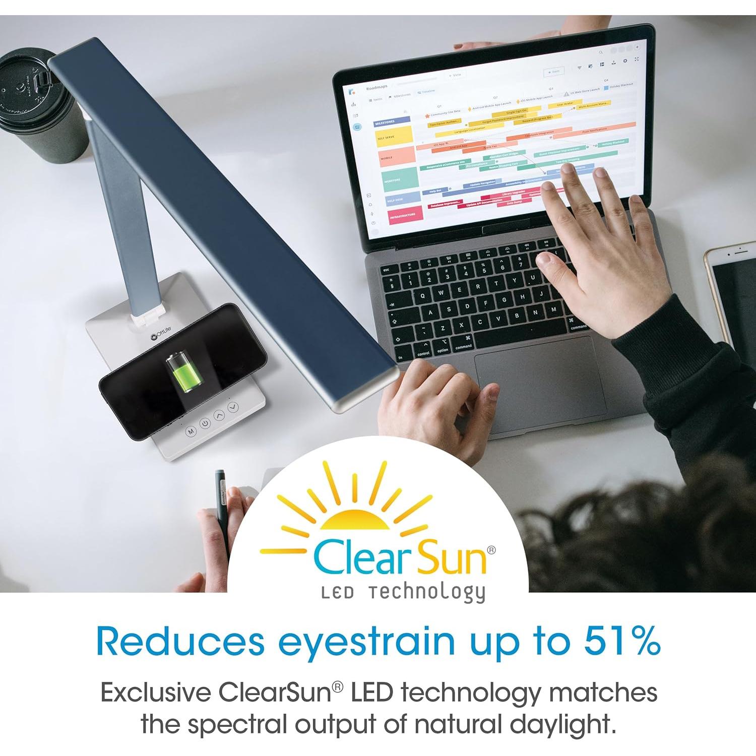 Lámpara de Escritorio LED OttLite CSDQA80W-SHPR con Cargador Inalámbrico y USB, Azul