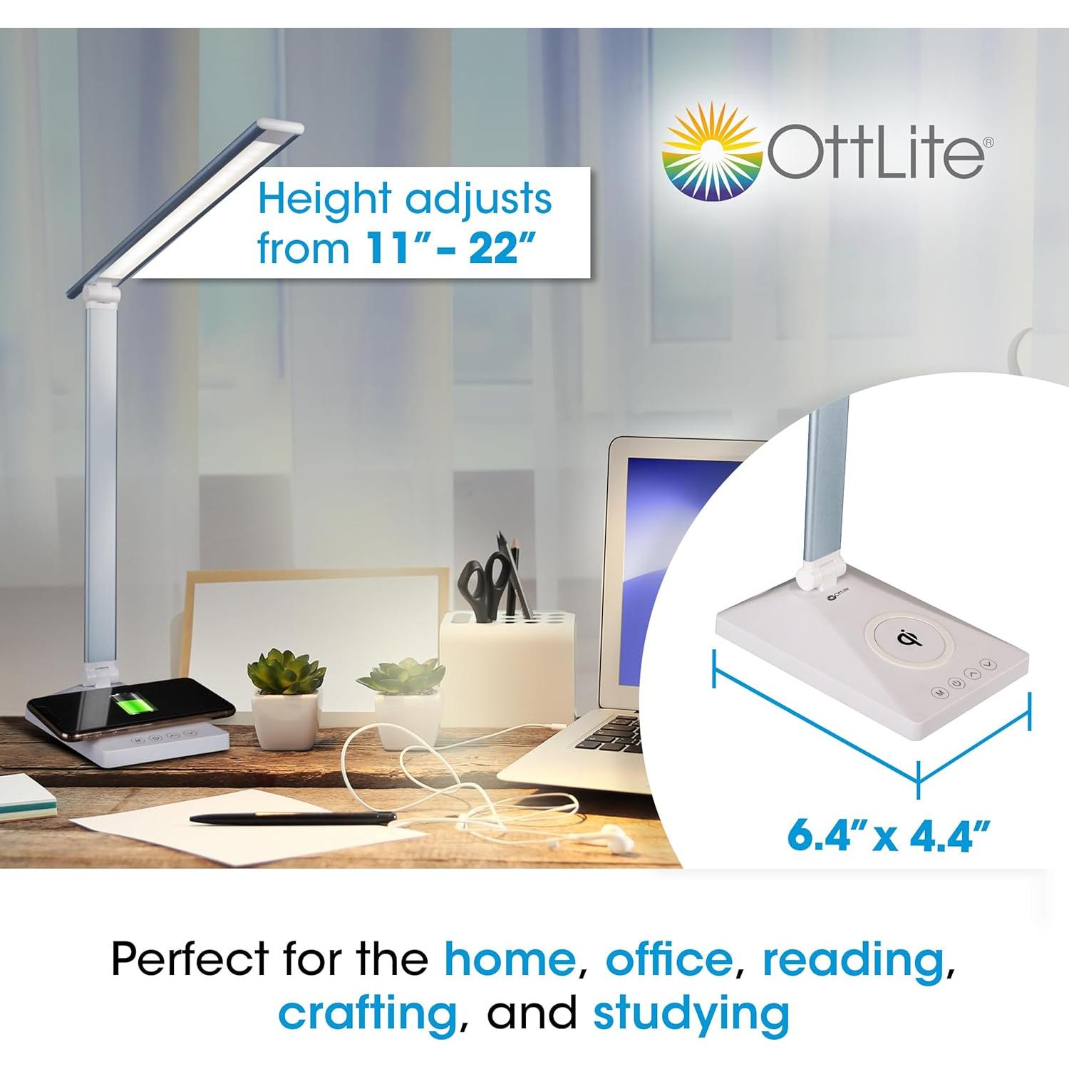 Lámpara de Escritorio LED OttLite CSDQA80W-SHPR con Cargador Inalámbrico y USB, Azul
