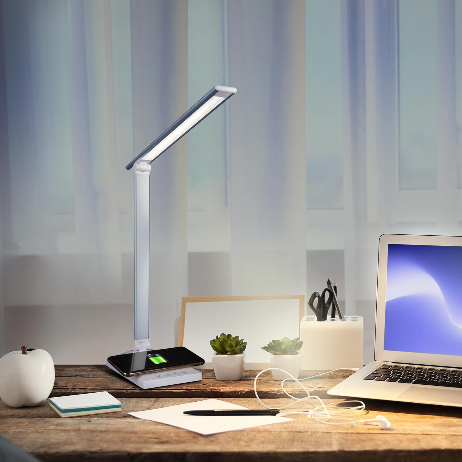 Lámpara de Escritorio LED OttLite CSDQA80W-SHPR con Cargador Inalámbrico y USB, Azul