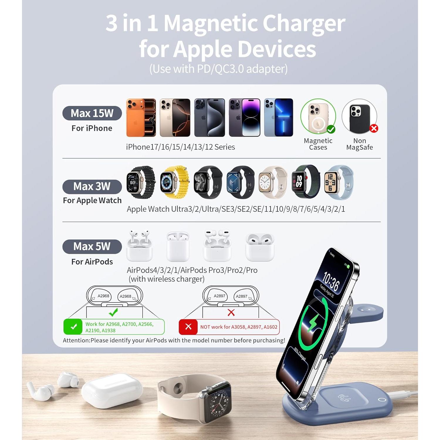 Estación de Carga Inalámbrica Magnética 3 en 1 Apple