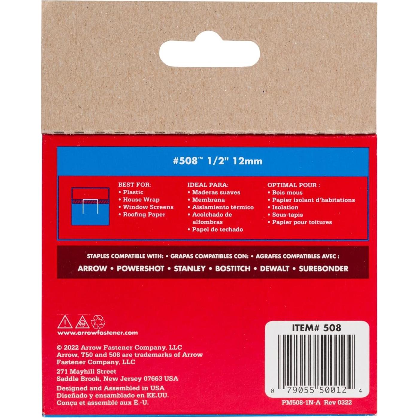 Grapas Arrow 508 T50 1/2" 1250 Unidades para Tapicería