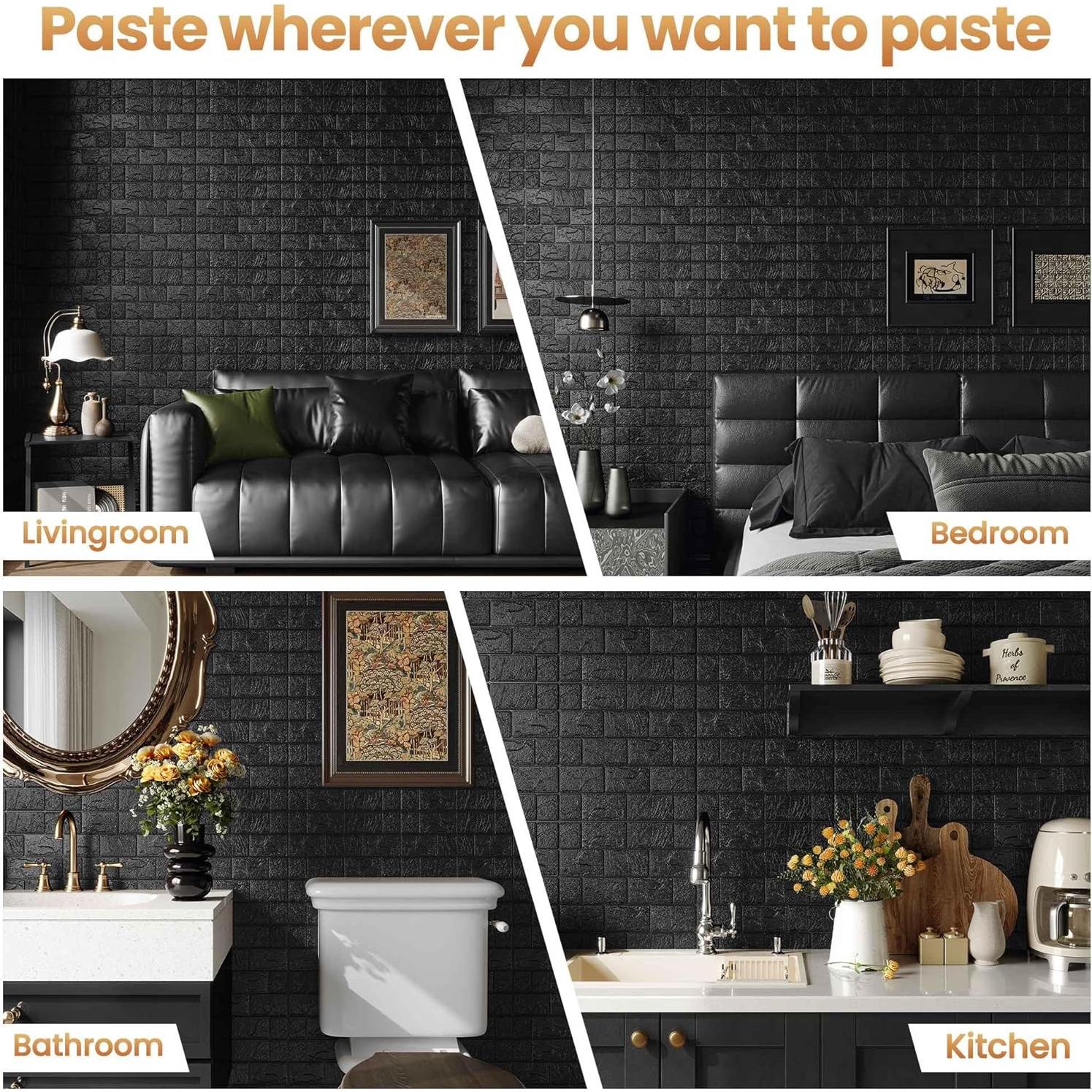 Paneles de Pared 3D Autoadhesivos Abyssaly Ladrillo Negro 10PCS