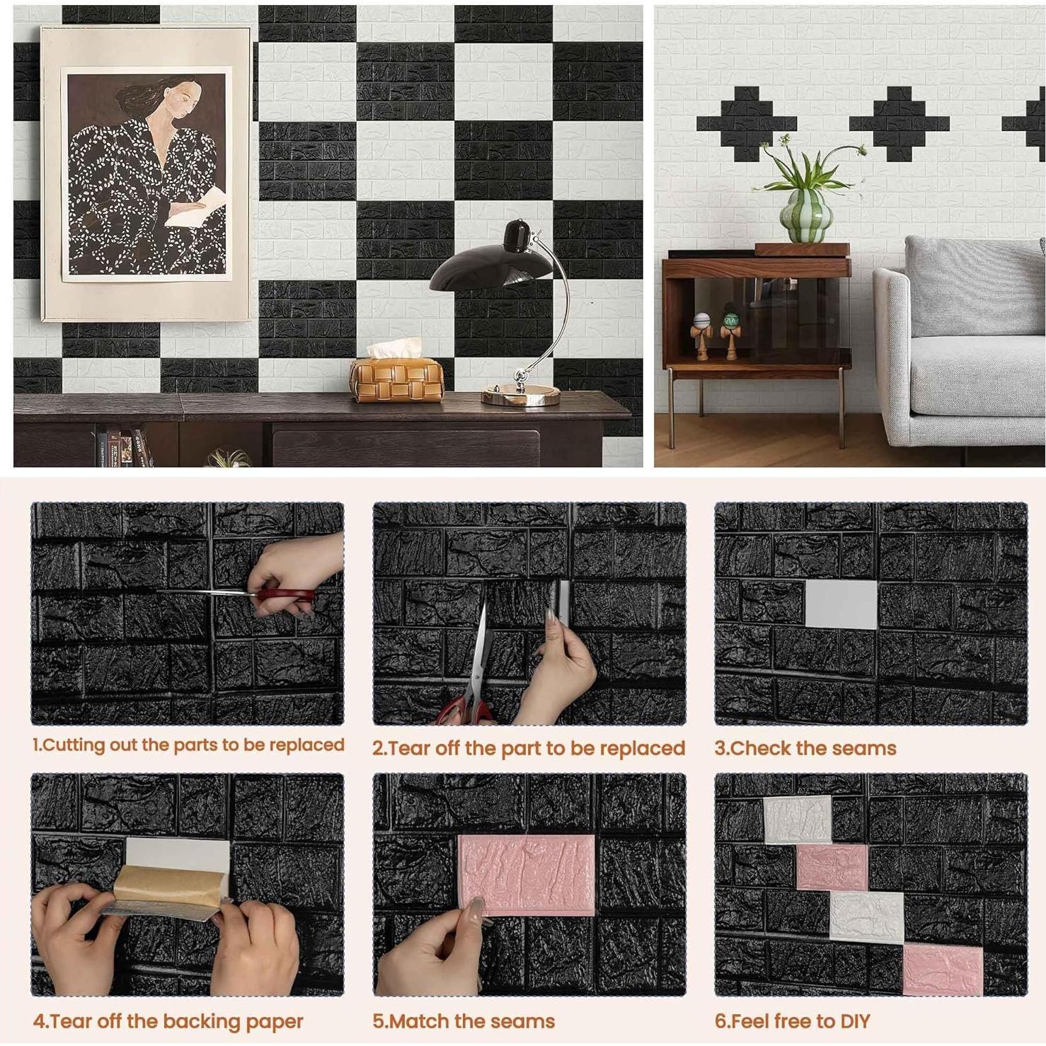 Paneles de Pared 3D Autoadhesivos Abyssaly Ladrillo Negro 10PCS