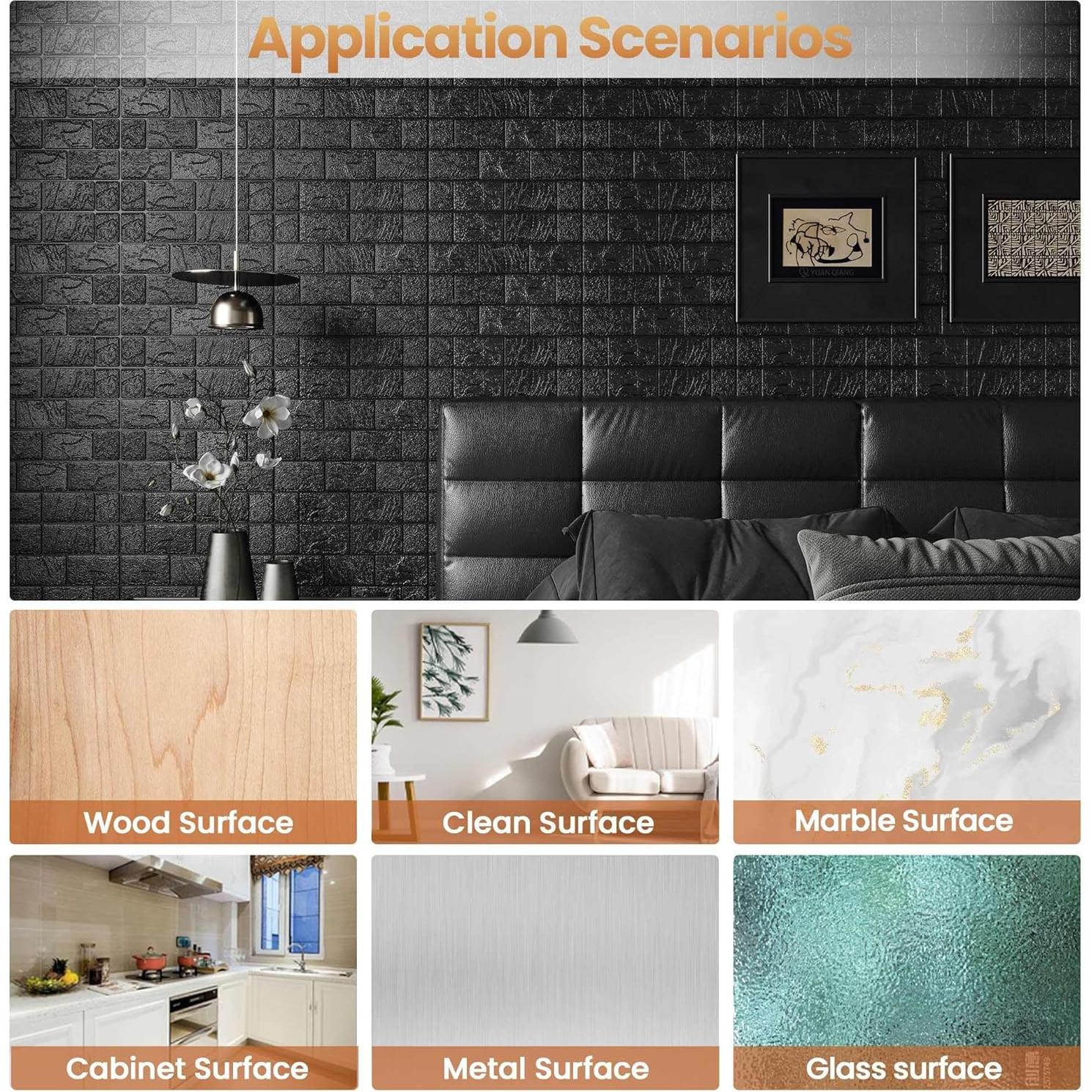 Paneles de Pared 3D Autoadhesivos Abyssaly Ladrillo Negro 10PCS