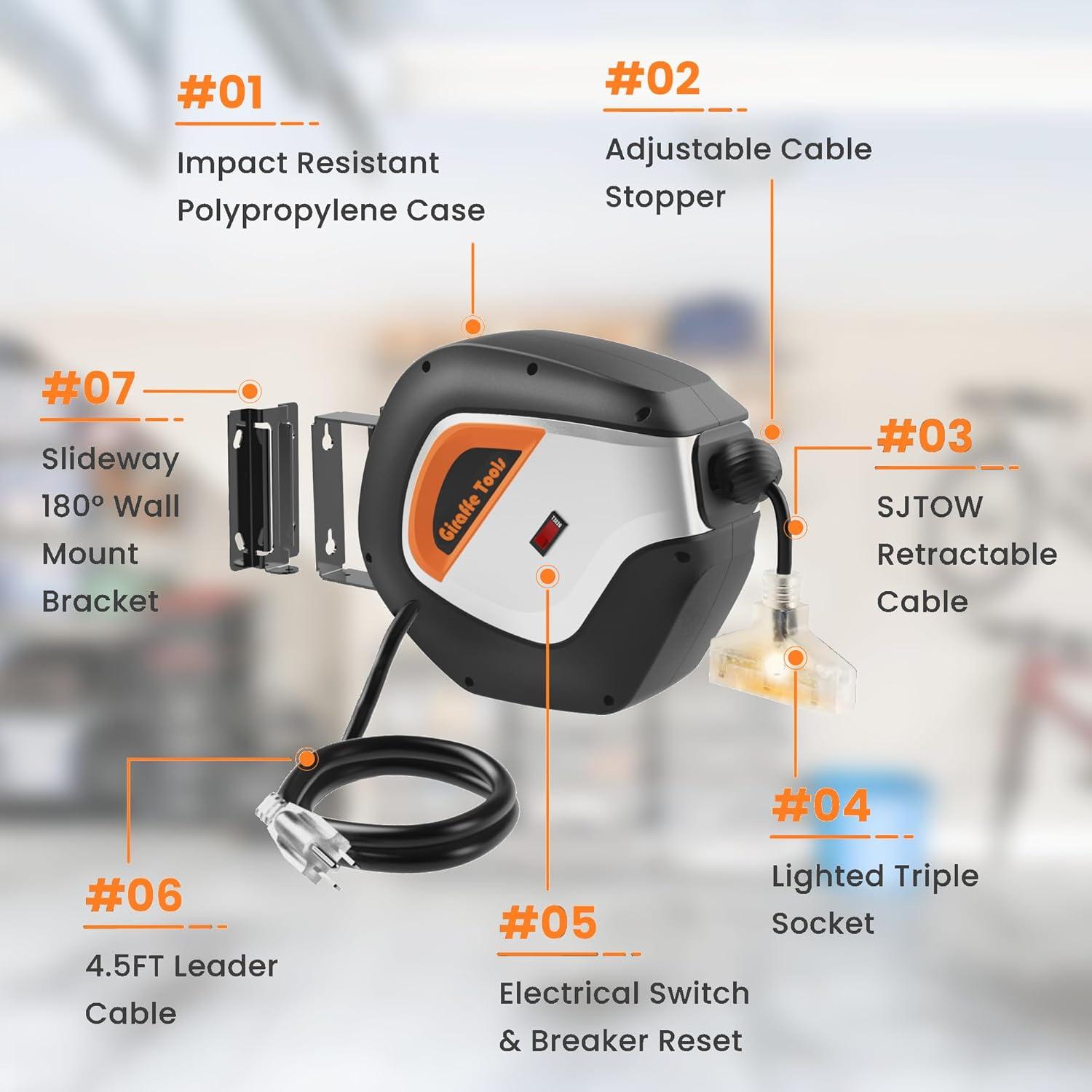 Carrete de Cable Eléctrico Retráctil Giraffe Tools 15m 12AWG