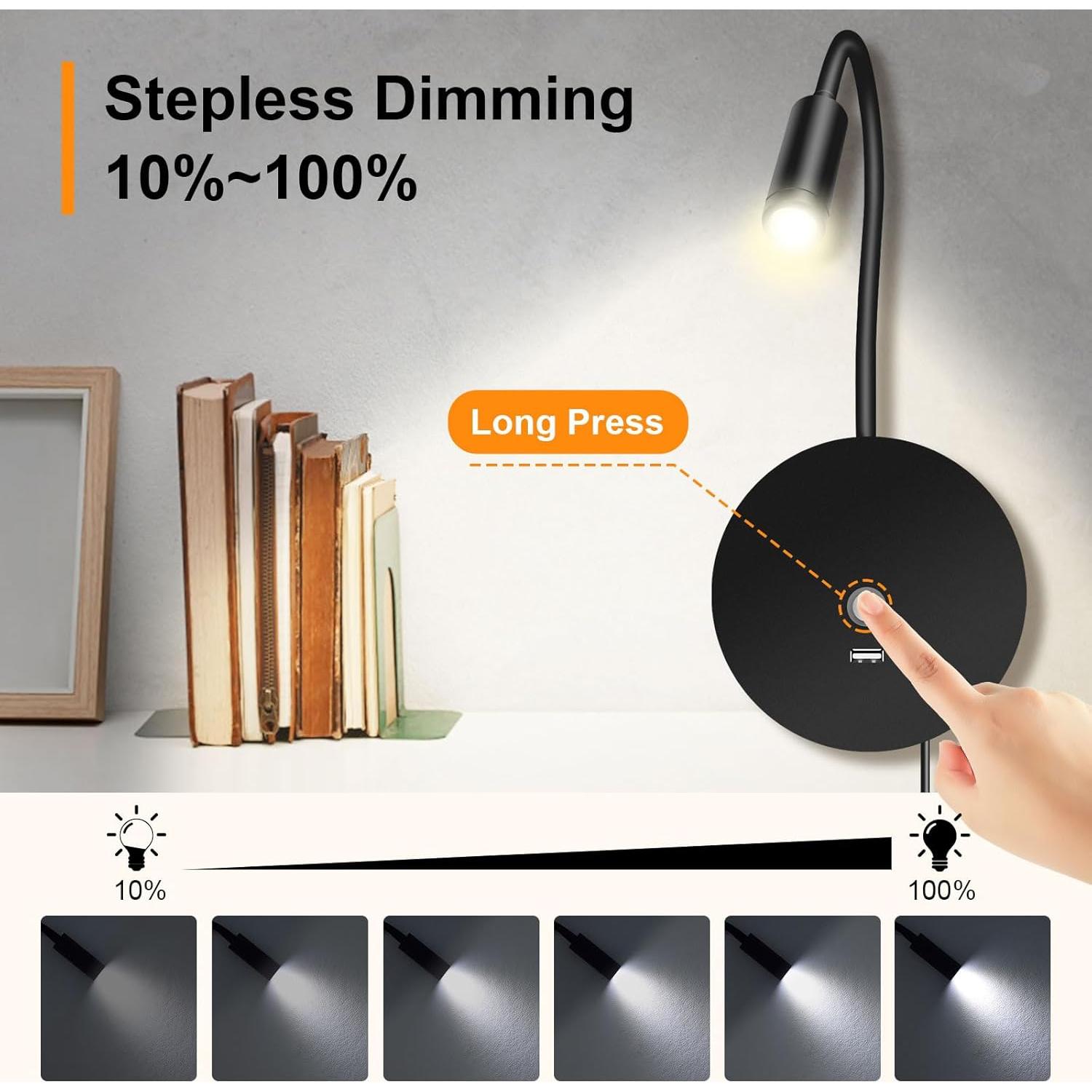 Luz de Lectura de Pared ERAY con USB y 3 Temperaturas - Paquete de 2