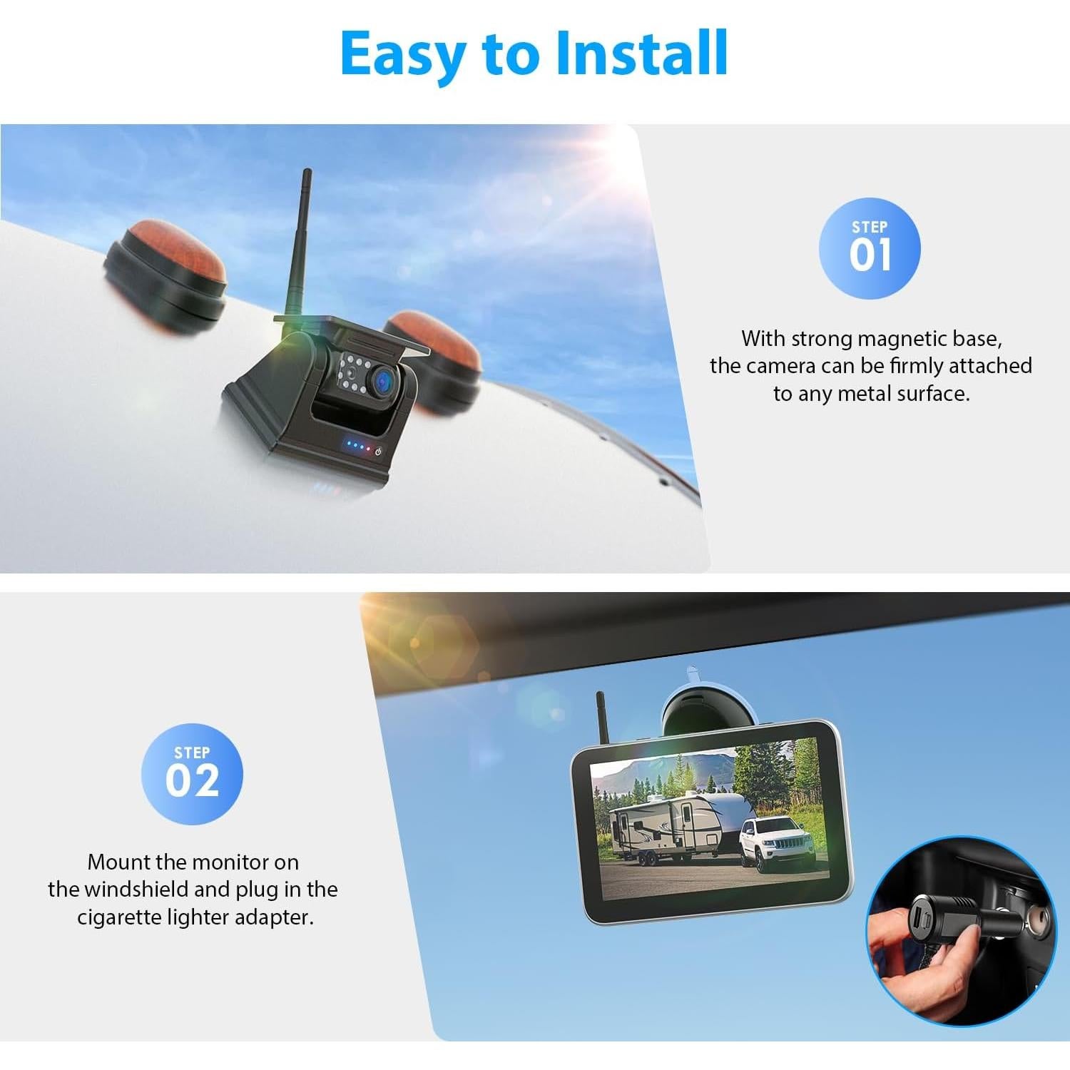 Cámara de Respaldo Inalámbrica Solar ZEROXCLUB BL704 1080P 7"