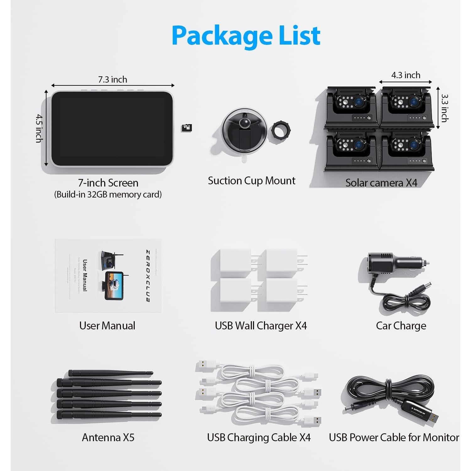 Cámara de Respaldo Inalámbrica Solar ZEROXCLUB BL704 1080P 7"