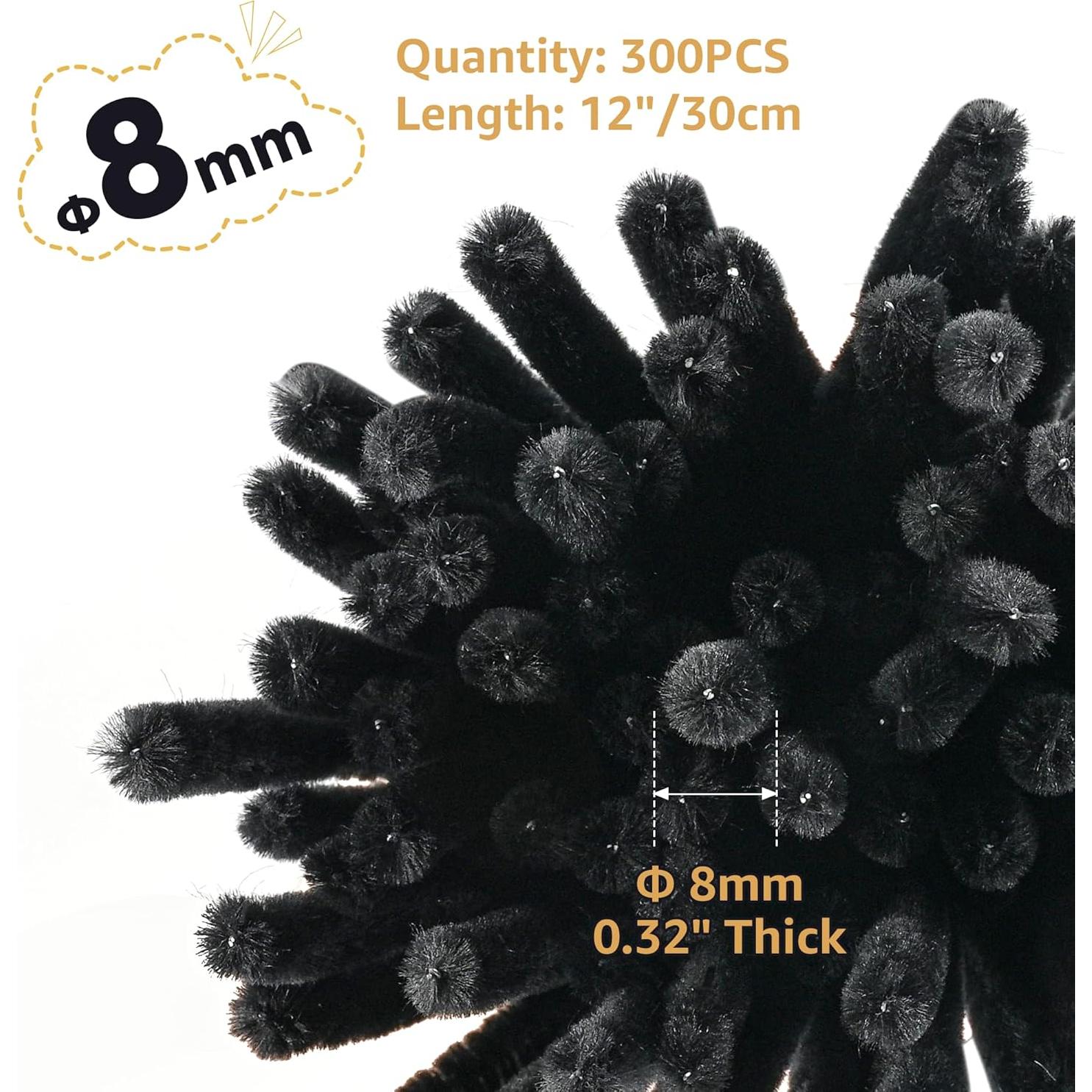 300 Limpiapipas Negros Chenille 30 cm x 8 mm para Manualidades