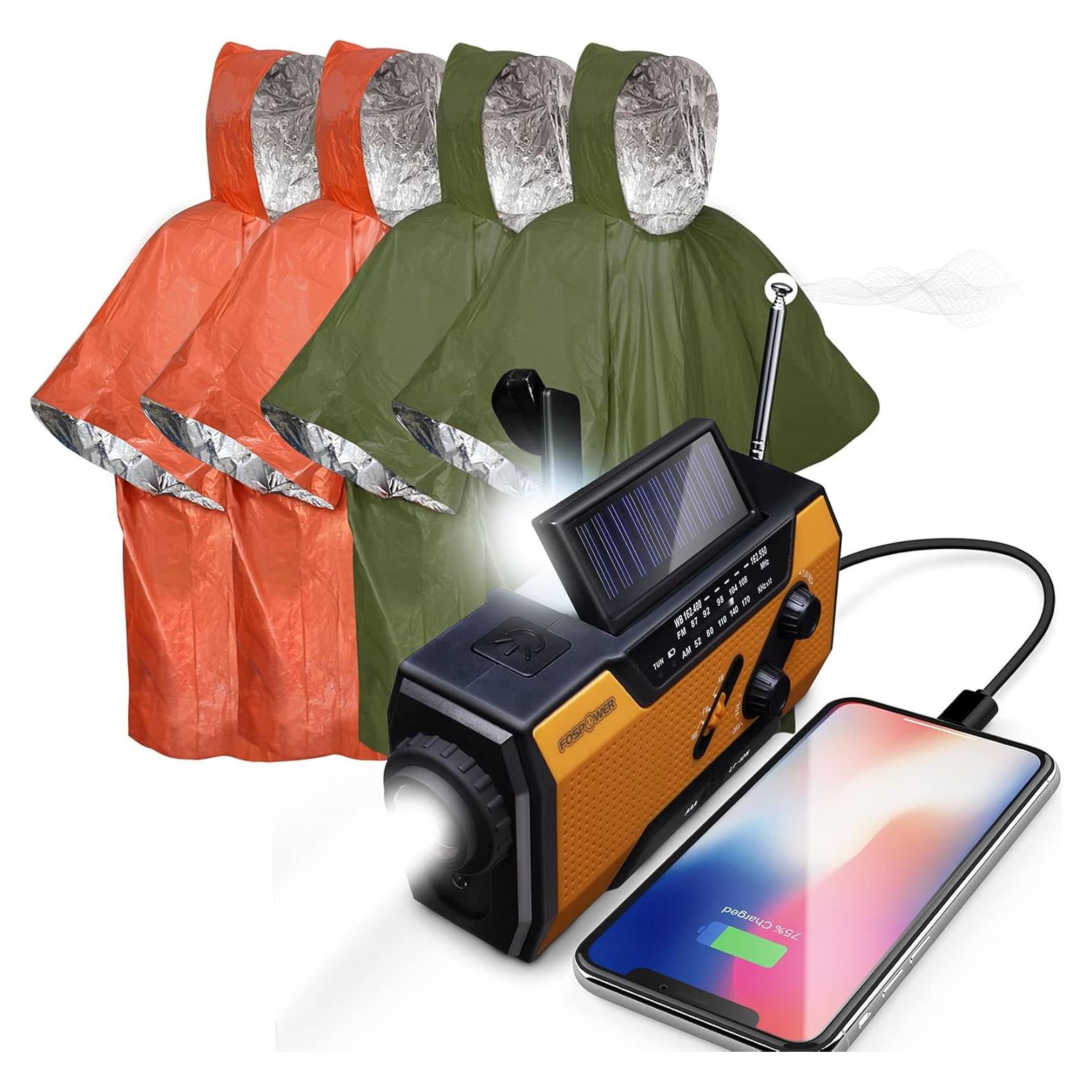 FosPower 2000mAh Emergency Weather Radio Portable Charger +Emergency Waterproof Rain Poncho [4 Pack] [Retains 90% Body Heat] Weather Resistant Raincoat