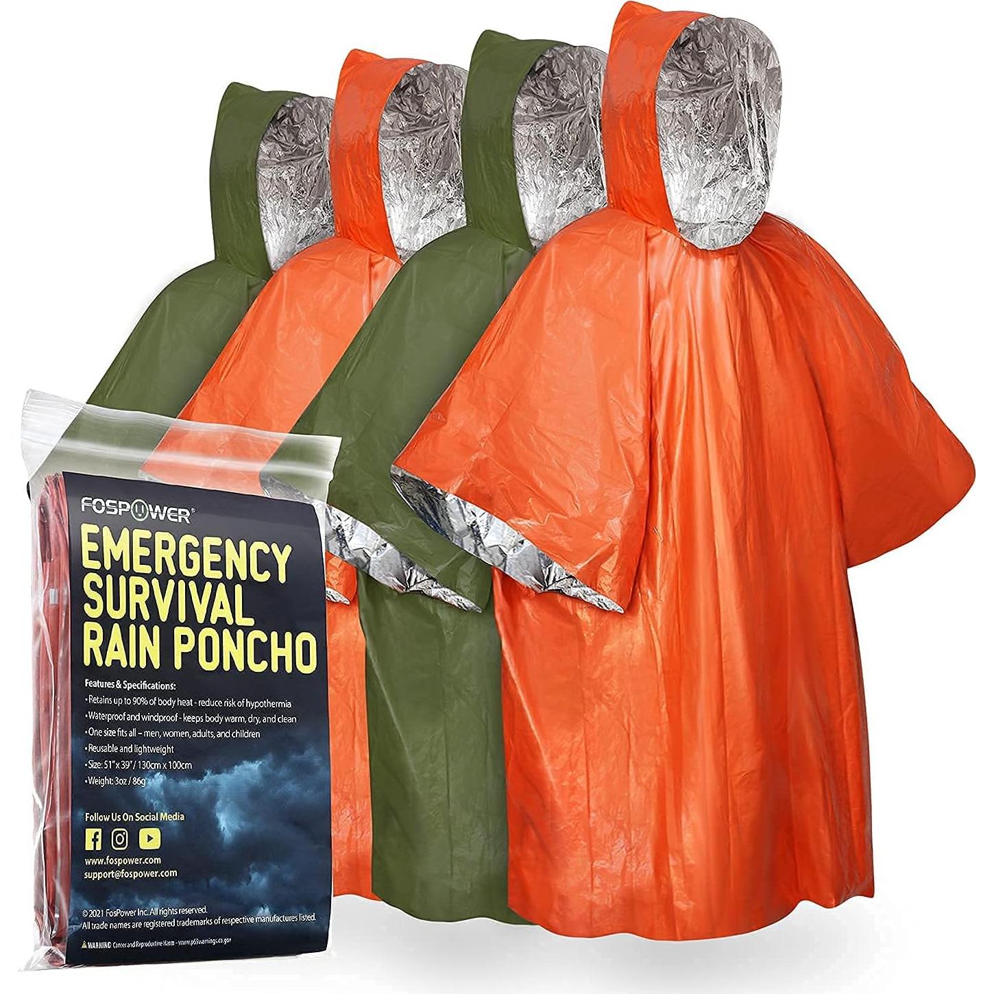 FosPower 2000mAh Emergency Weather Radio Portable Charger +Emergency Waterproof Rain Poncho [4 Pack] [Retains 90% Body Heat] Weather Resistant Raincoat