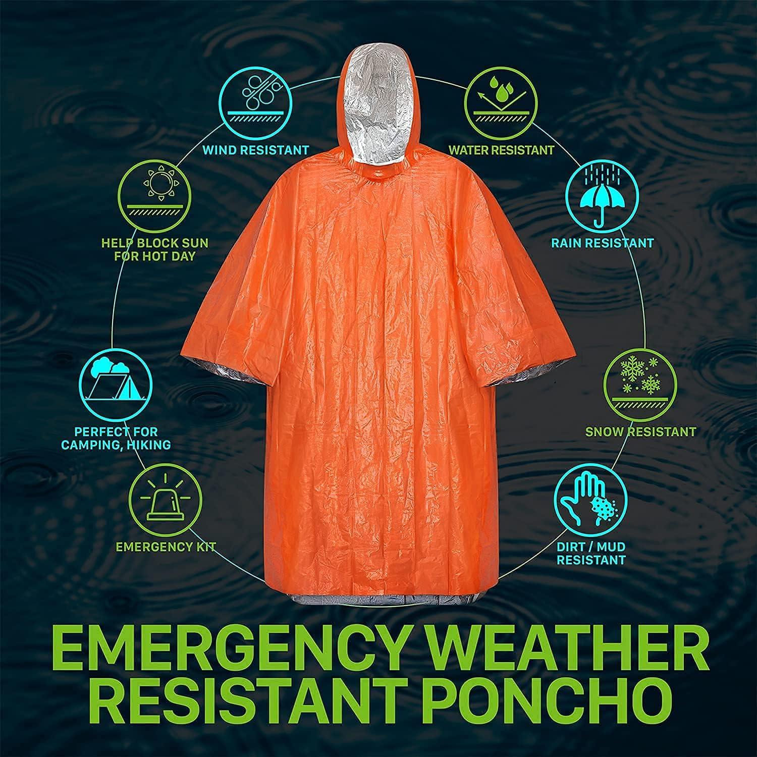 FosPower 2000mAh Emergency Weather Radio Portable Charger +Emergency Waterproof Rain Poncho [4 Pack] [Retains 90% Body Heat] Weather Resistant Raincoat