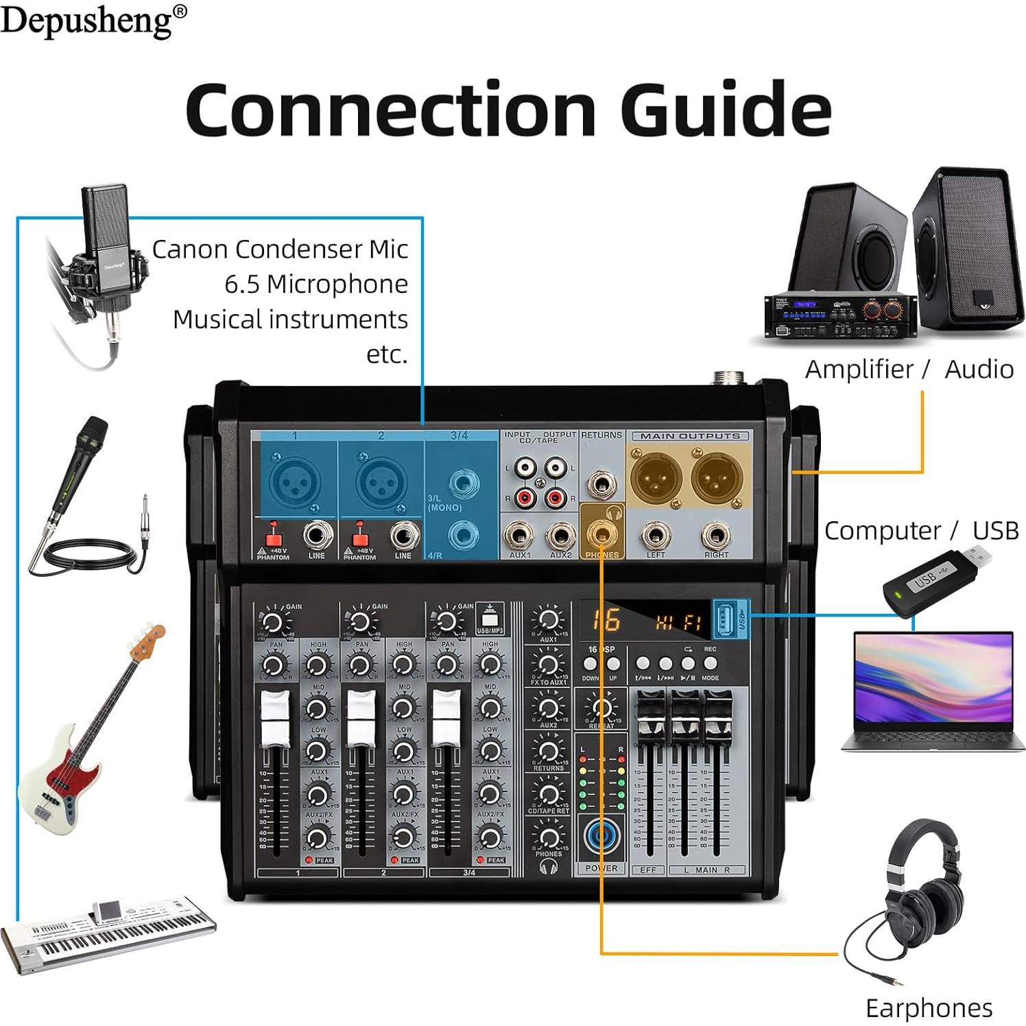 Mezclador de Audio Profesional Depusheng XT4, 4 Canales, Bluetooth