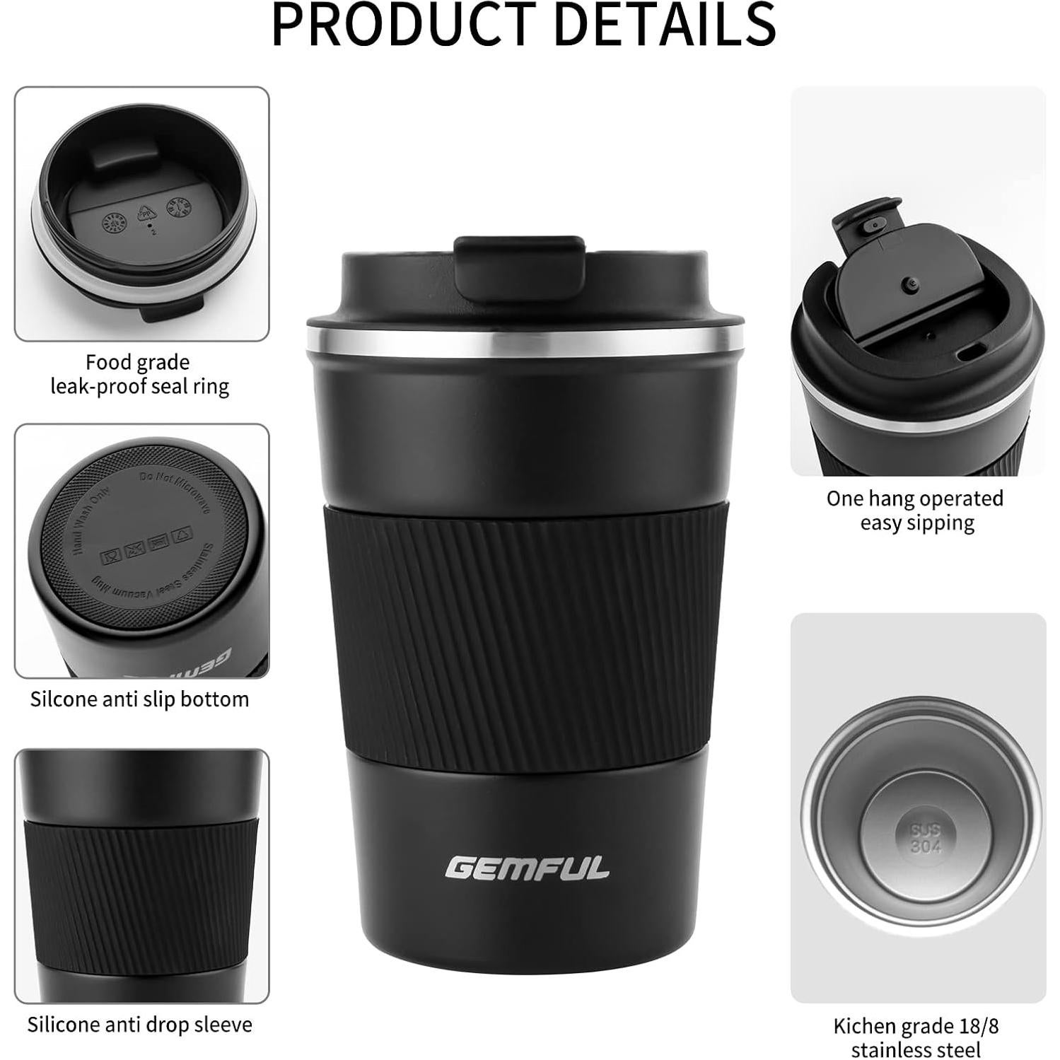 Taza de Viaje GEMFUL 13 oz Acero Inoxidable Aislada