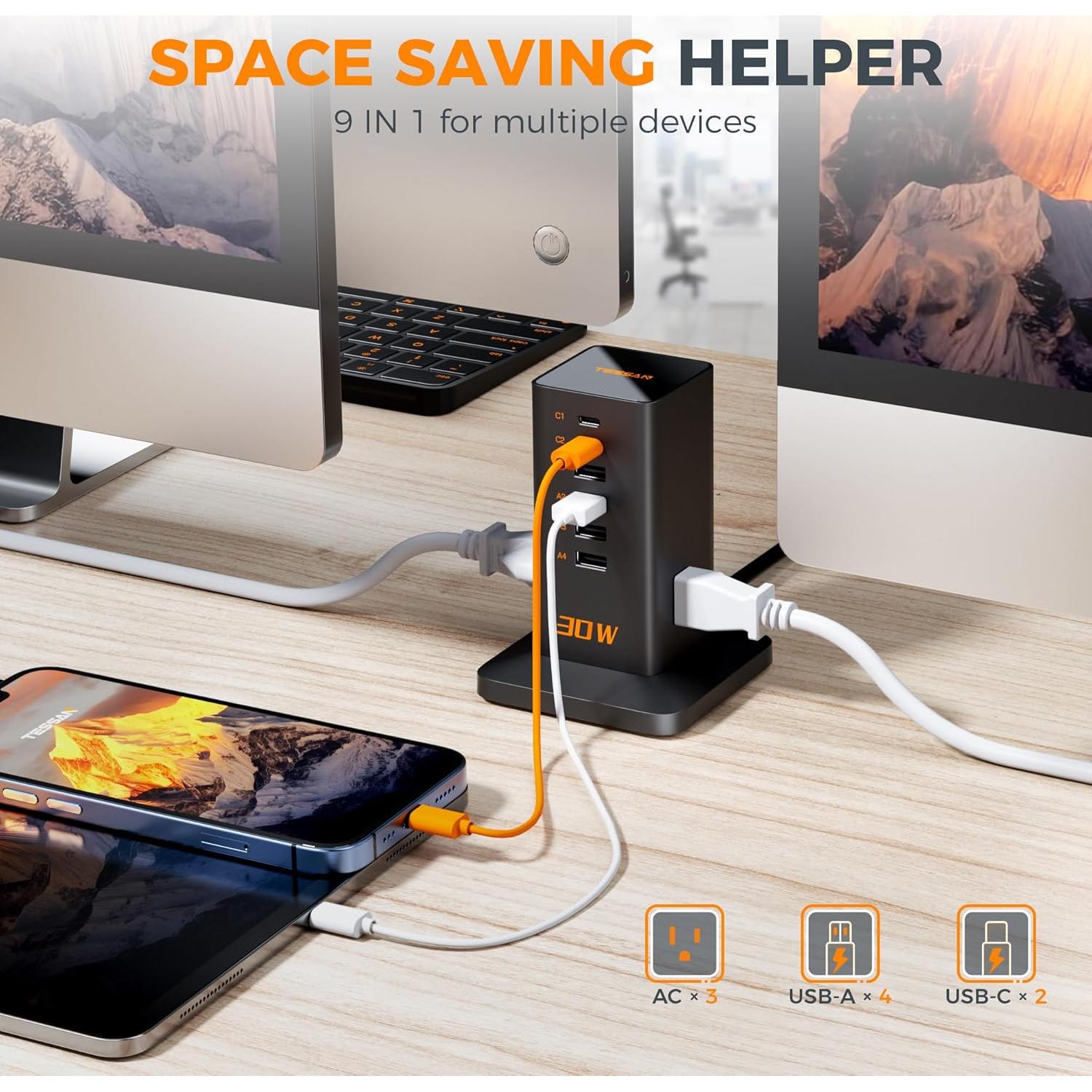 Estación de Carga 30W TESSAN 9 en 1 con 4 USB A y 2 USB C