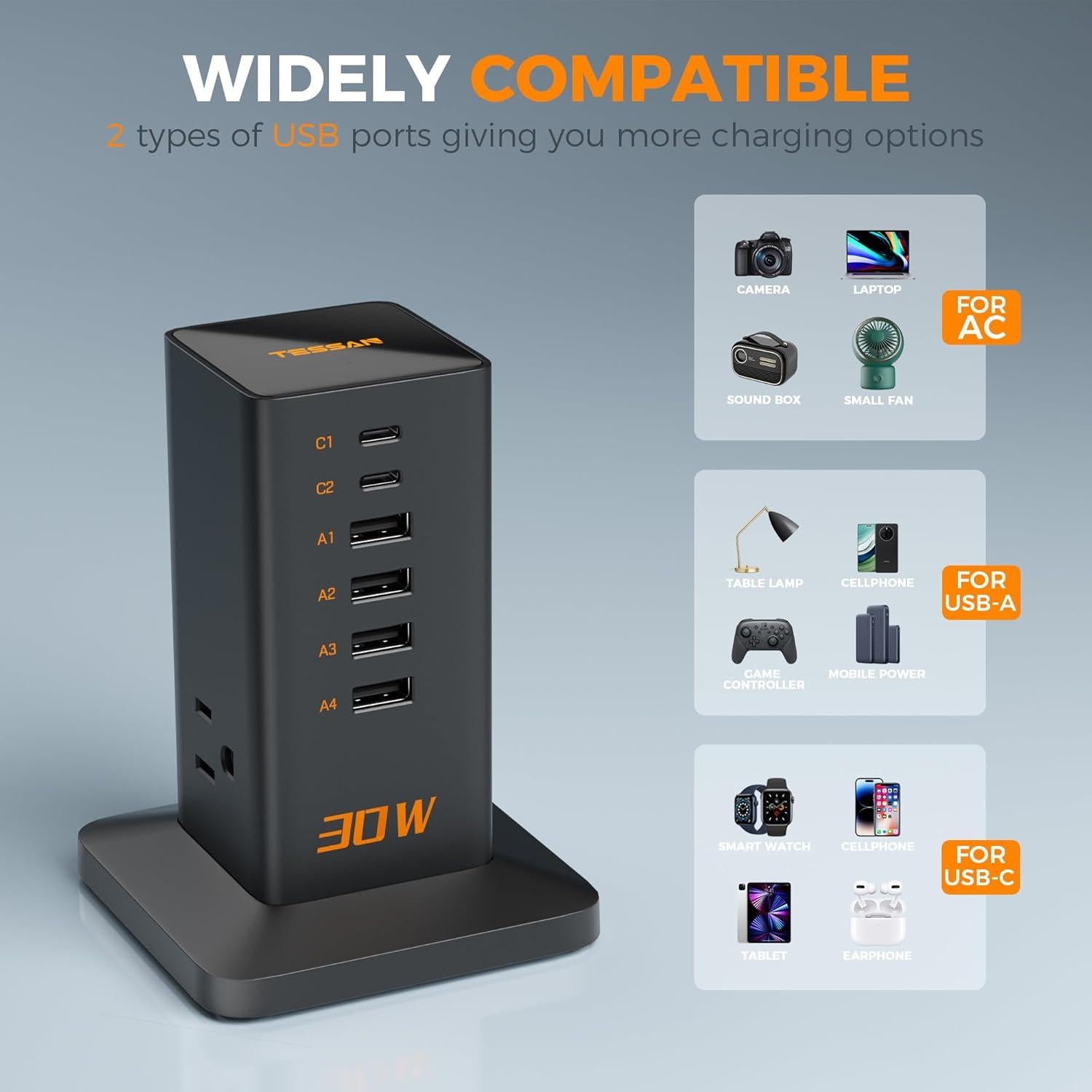 Estación de Carga 30W TESSAN 9 en 1 con 4 USB A y 2 USB C