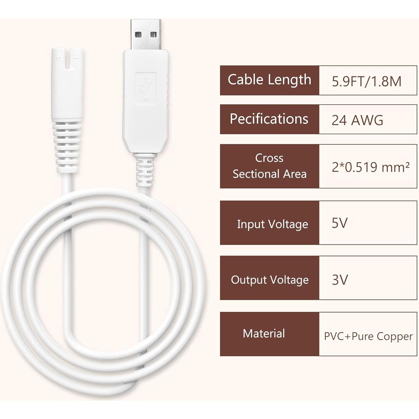 Cable de Carga USB Waterpik 1.8m 3V Compatible WP360 WP440