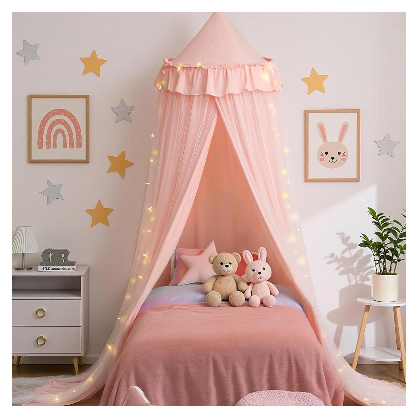 Dosel de Cama Rosa con Luces LED YEERSWAG 318cm Doble Capa