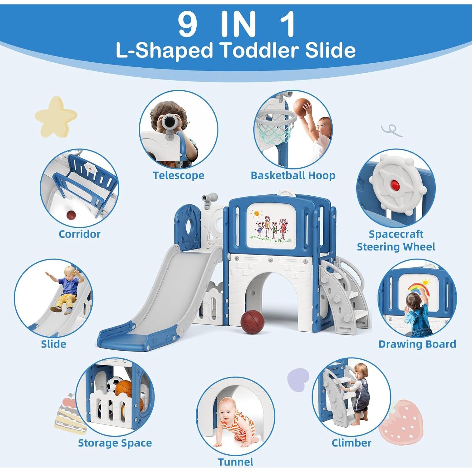 Parque Infantil 67i Azul 6 en 1 para Niños 1-3 Años con Tobogán