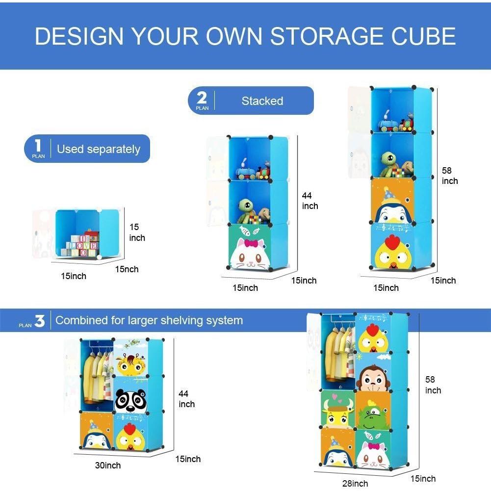 Armario Infantil Portátil MAGINELS Azul 8 Cubos y Barra Colgante