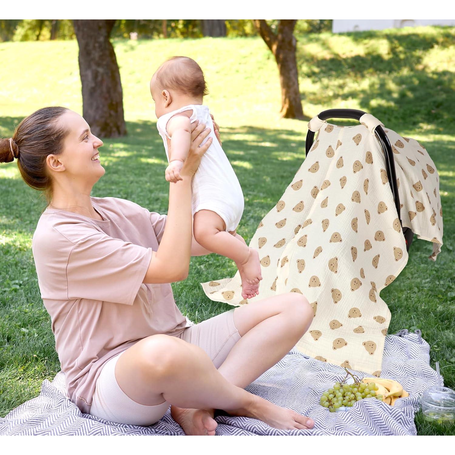 Funda de Asiento de Coche Bebé Algodón Muselina Oso 89x114 cm