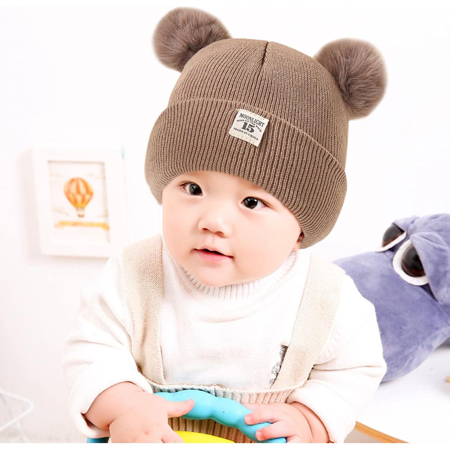 Toddler Boy Winter Beanie Baby Knit Hat Warm Girl Beanie Newborn Cute Bear Pom Hats for Kids