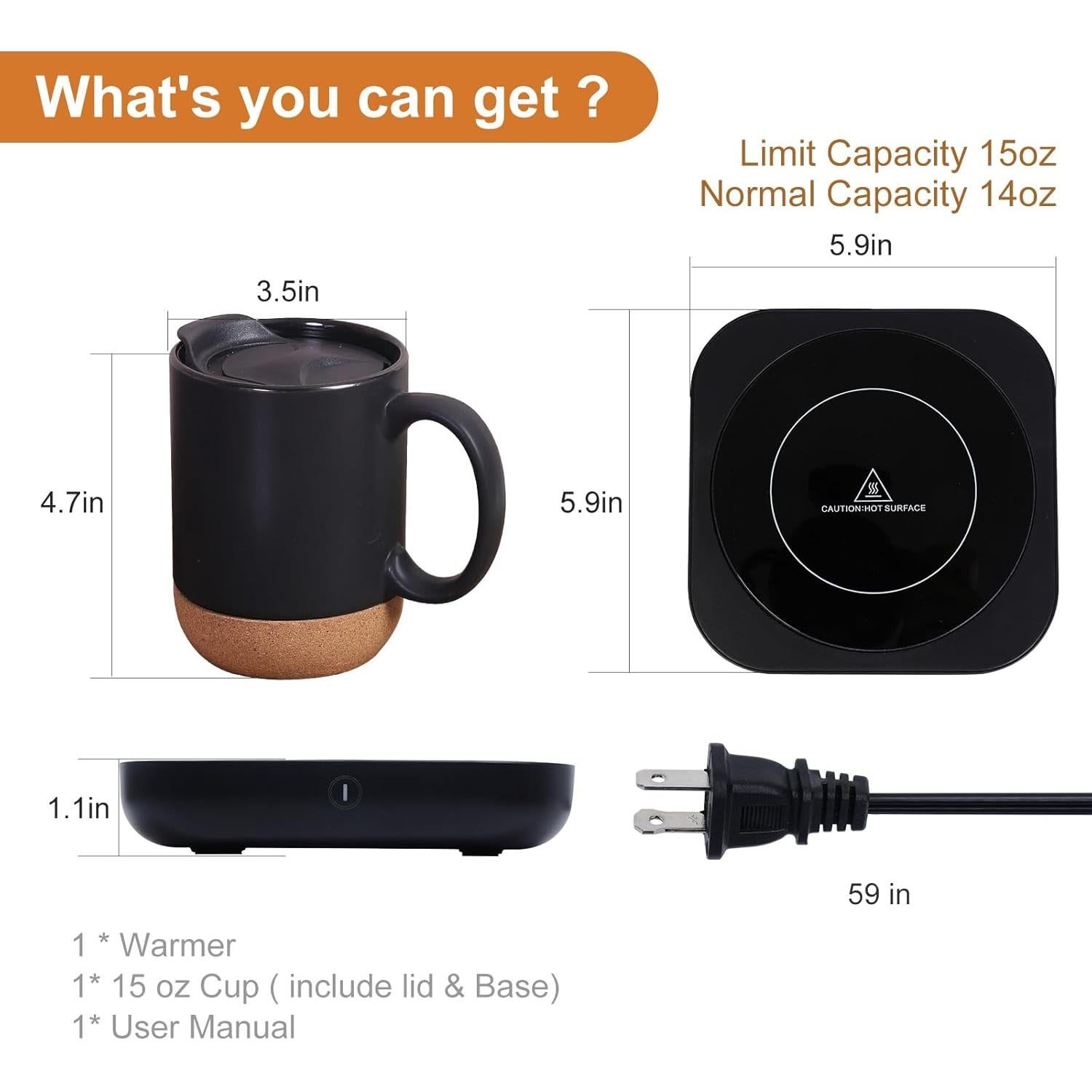 Calentador de Taza Eléctrico Felibeaco con Taza Cerámica 15oz