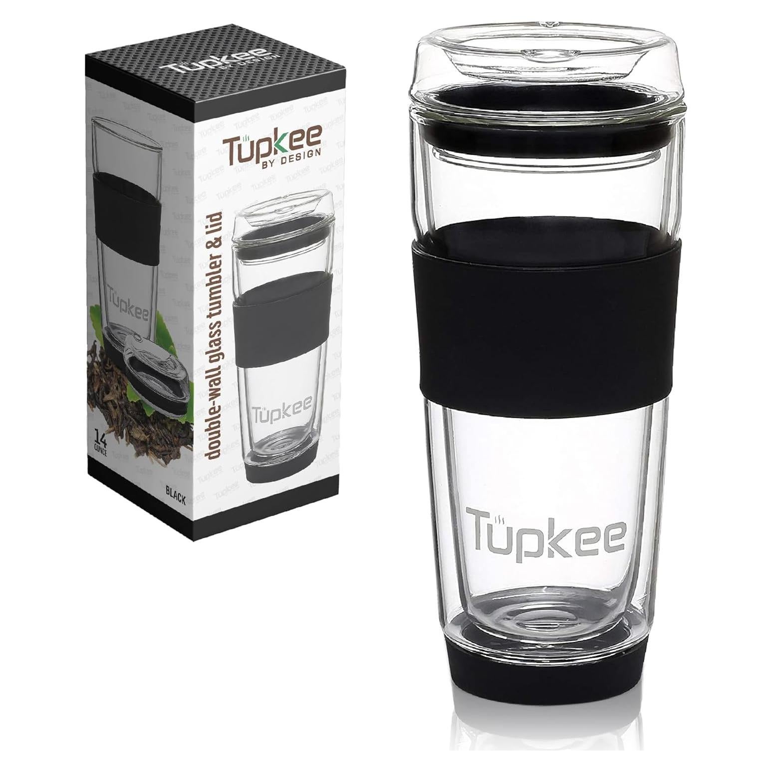 Taza de Vidrio Doble Pared Tupkee 414 ml con Tapa - Negra