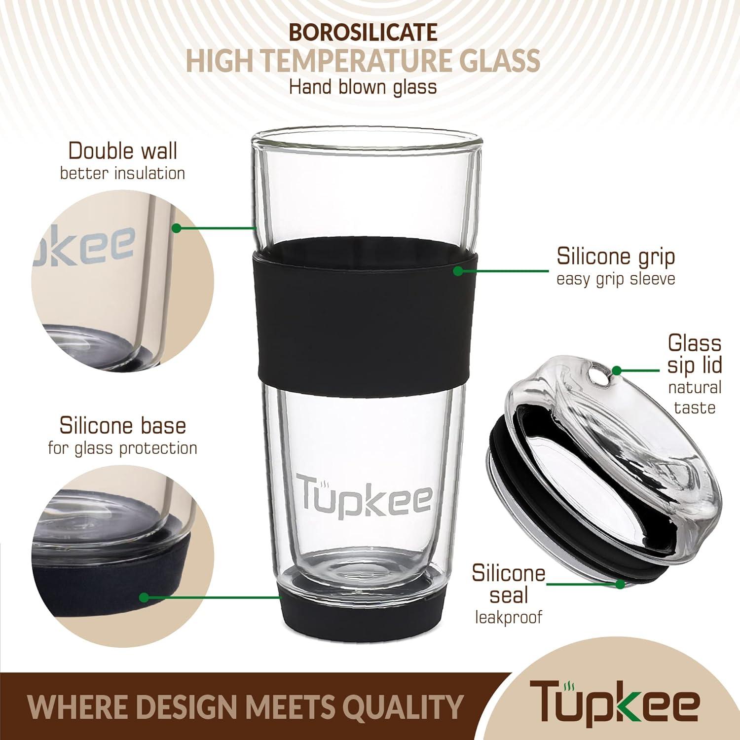 Taza de Vidrio Doble Pared Tupkee 414 ml con Tapa - Negra