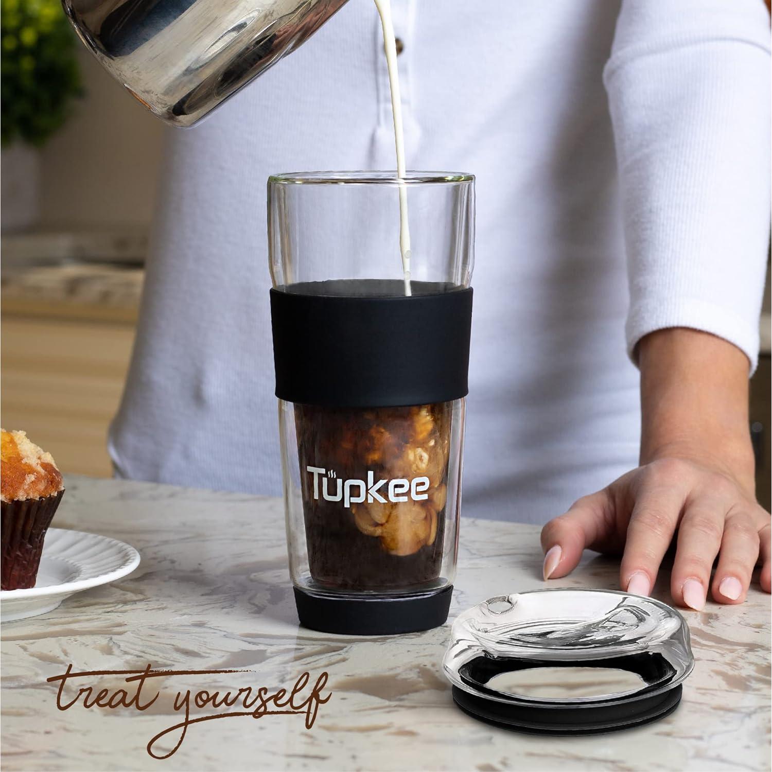 Taza de Vidrio Doble Pared Tupkee 414 ml con Tapa - Negra