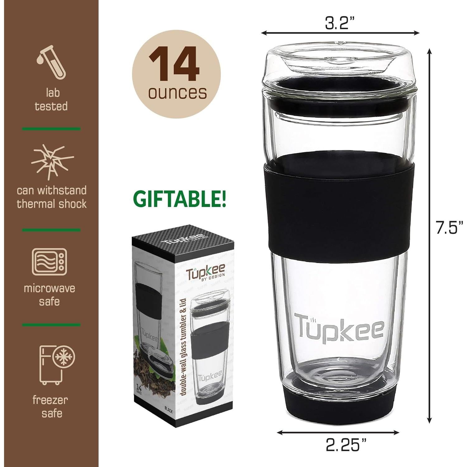 Taza de Vidrio Doble Pared Tupkee 414 ml con Tapa - Negra