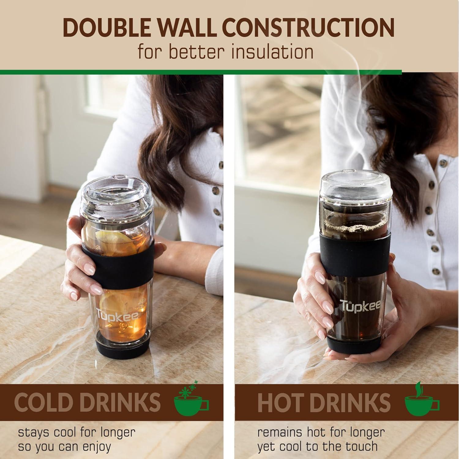 Taza de Vidrio Doble Pared Tupkee 414 ml con Tapa - Negra