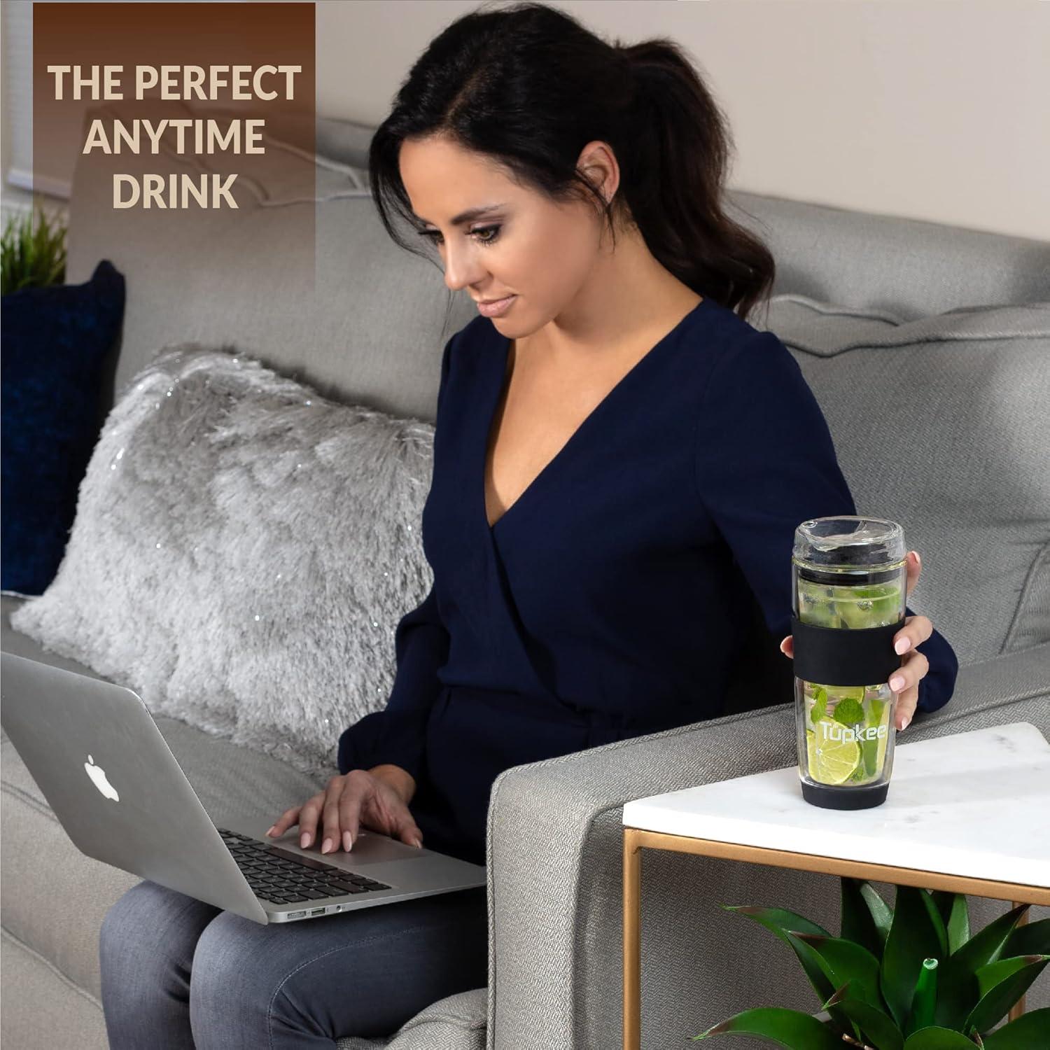 Taza de Vidrio Doble Pared Tupkee 414 ml con Tapa - Negra