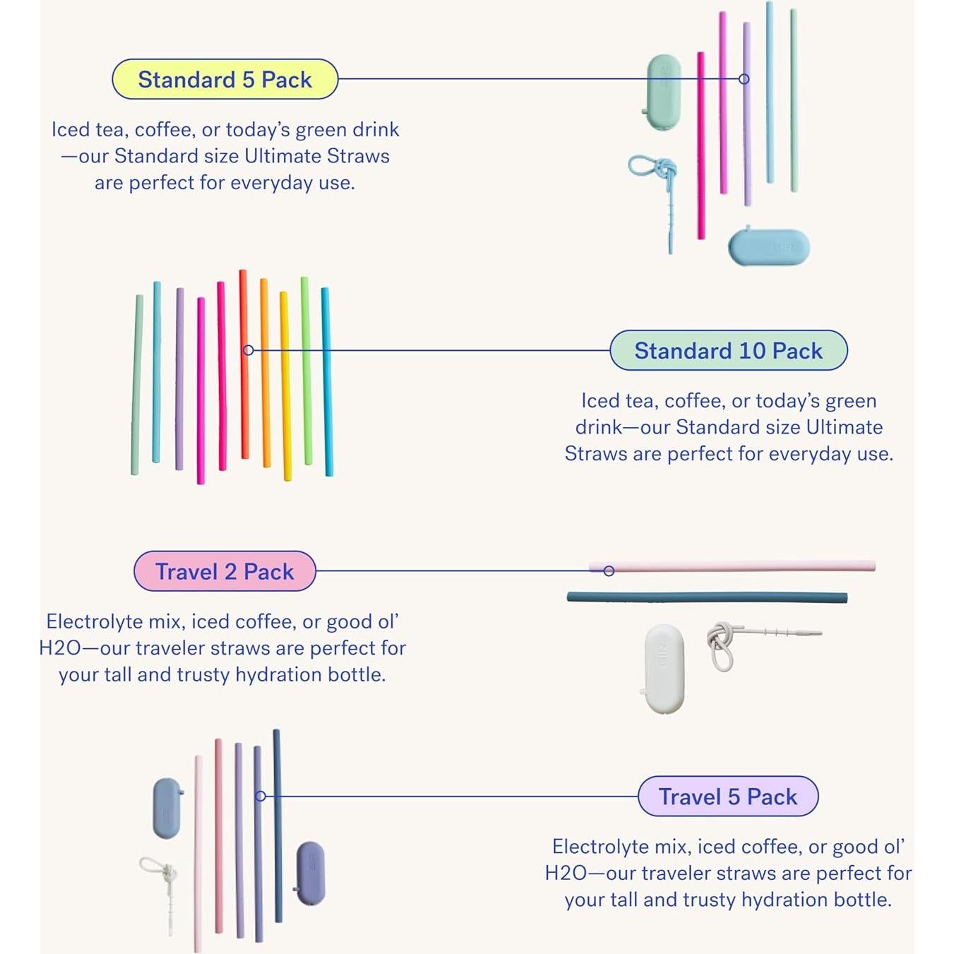Popotes de Silicona Reutilizables GIR - Set de 4 Longitudes Maui