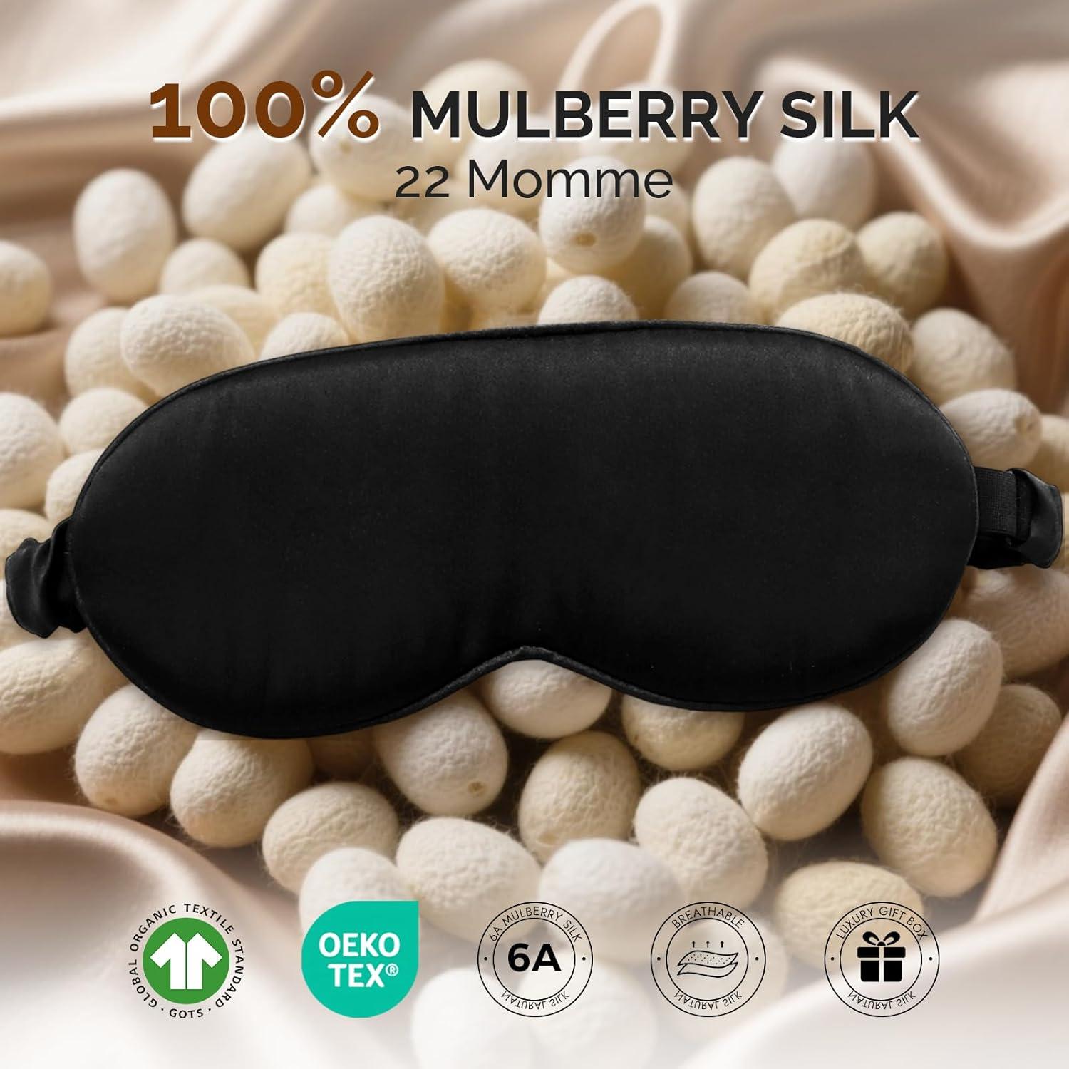 Máscara de Sueño de Seda 100% SilkSilky 22 Momme Ajustable Negra