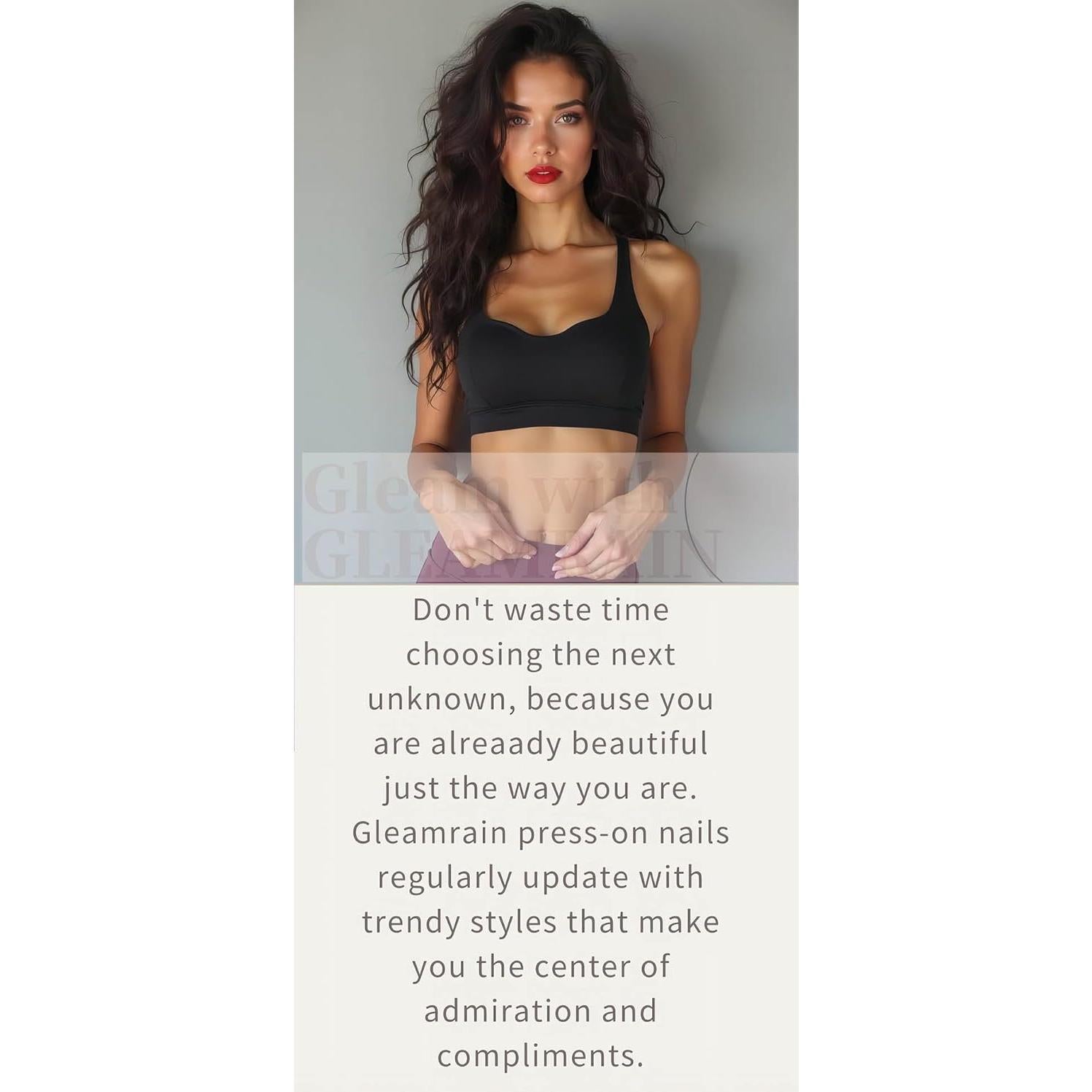 Uñas Postizas Cuadradas XL Gleamrain Rosa Punta Francesa 24 Pzas