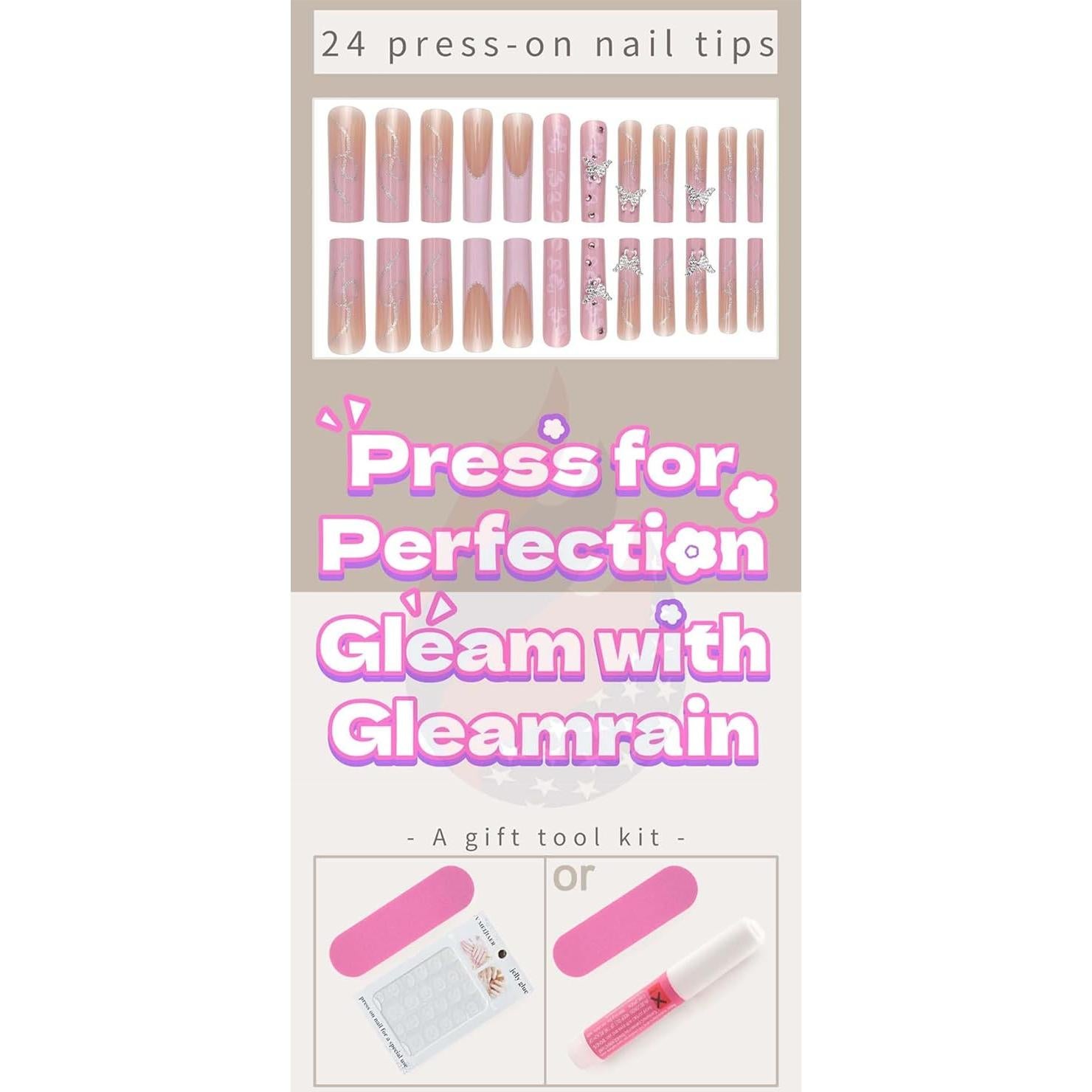 Uñas Postizas Cuadradas XL Gleamrain Rosa Punta Francesa 24 Pzas