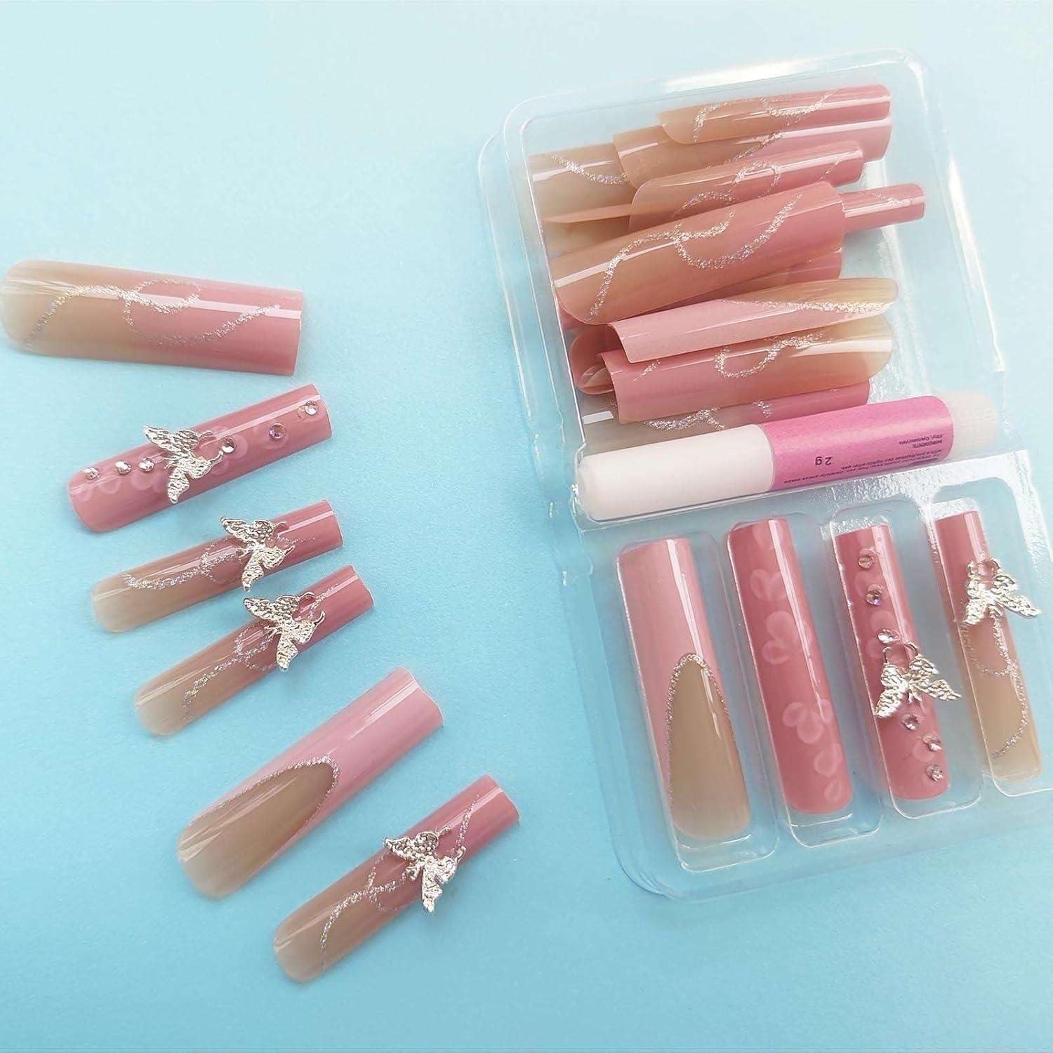 Uñas Postizas Cuadradas XL Gleamrain Rosa Punta Francesa 24 Pzas