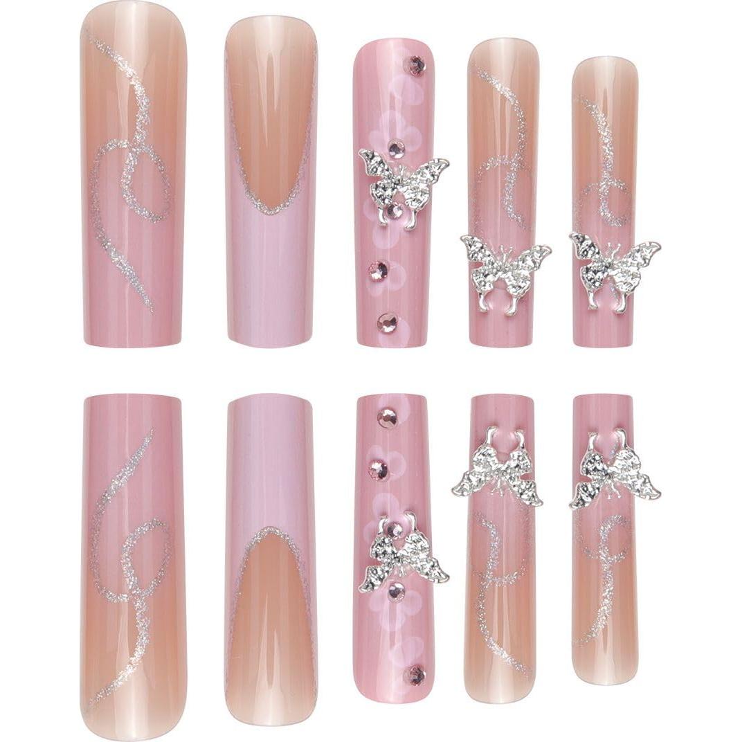 Uñas Postizas Cuadradas XL Gleamrain Rosa Punta Francesa 24 Pzas